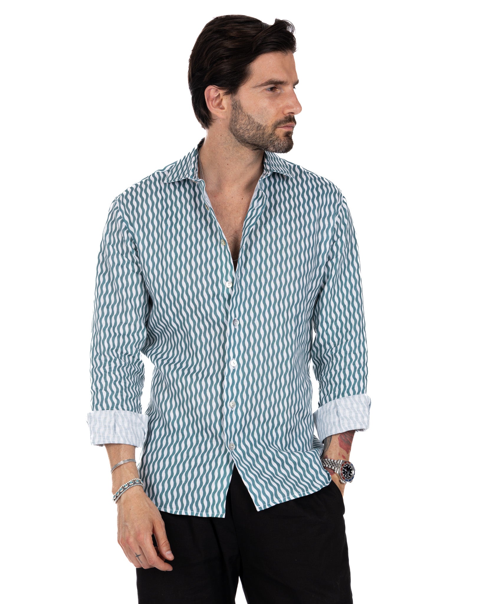 Onda - camicia stampata turchese in lino