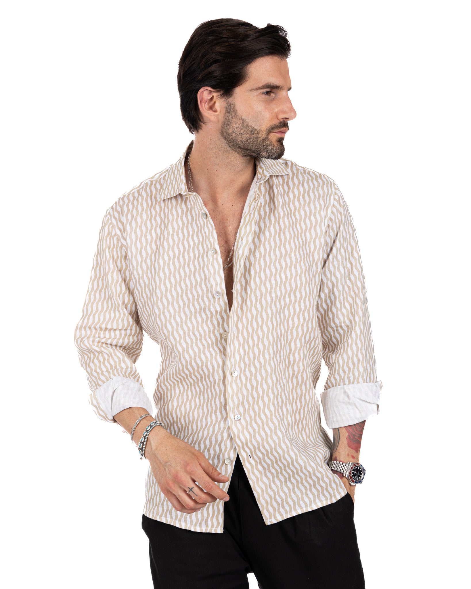 Onda - camicia stampata beige in lino