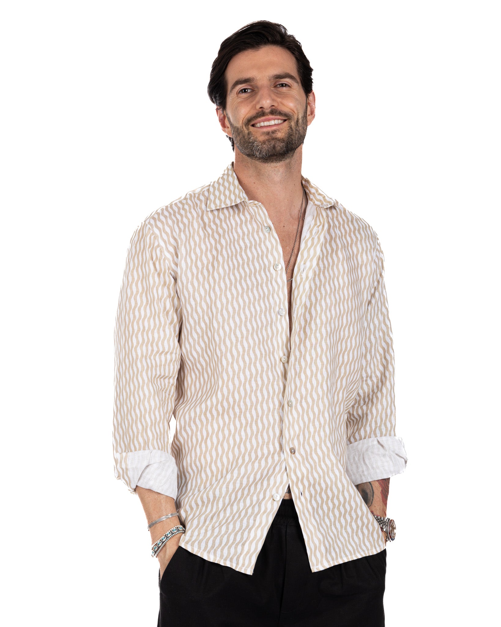 Onda - camicia stampata beige in lino