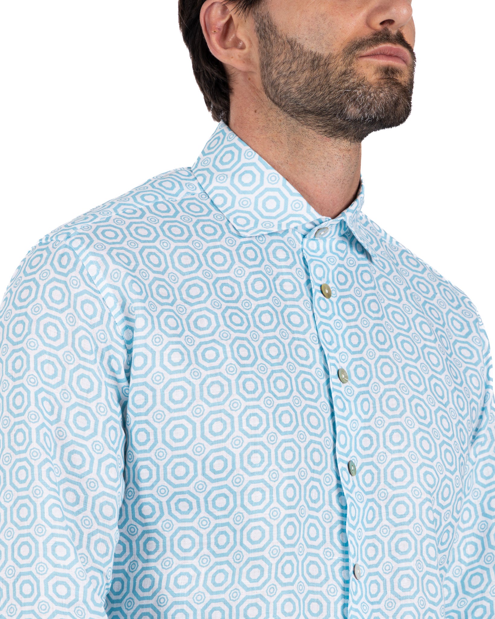 Maiolica - camicia stampata celeste in lino