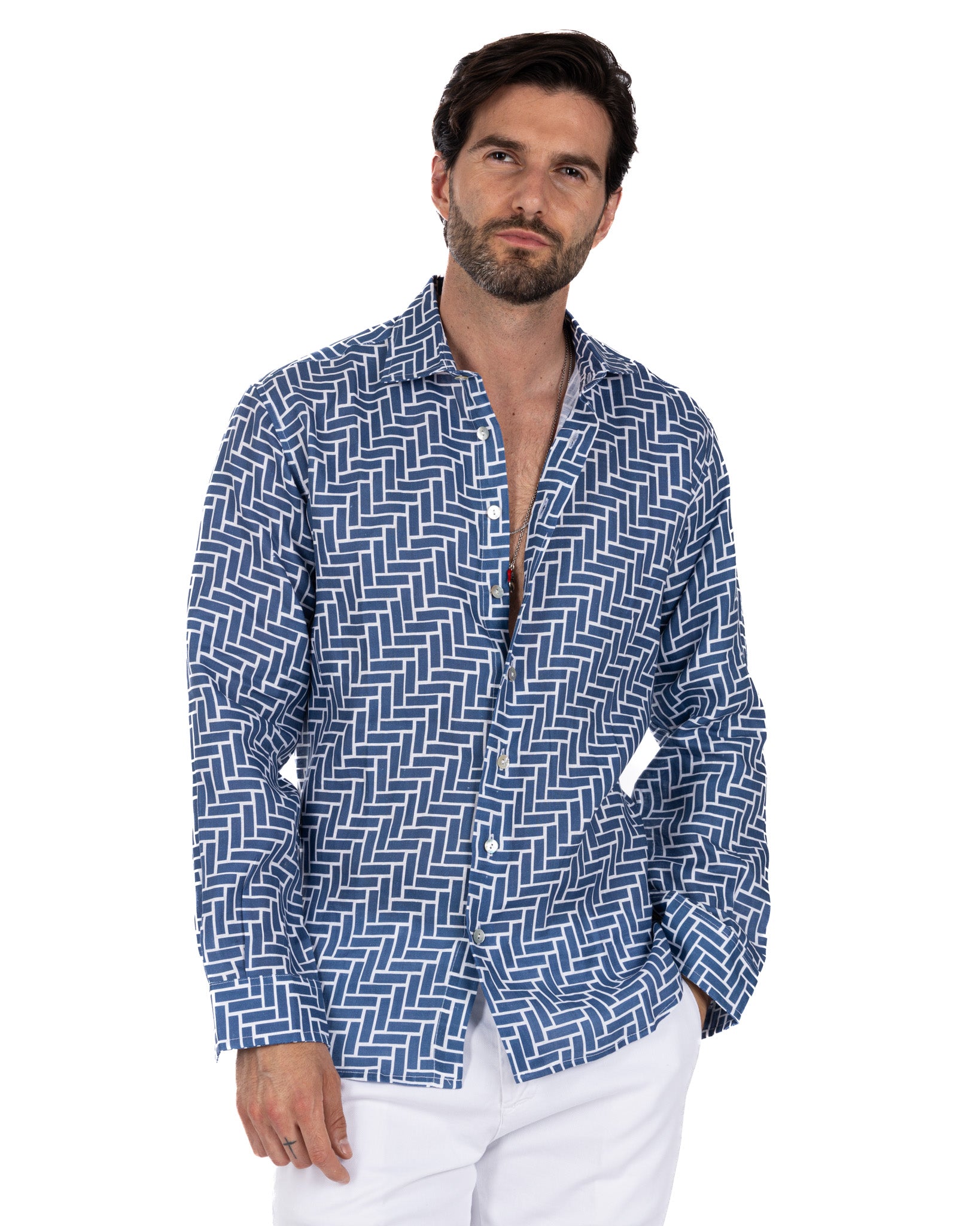 Riggiòla - camicia stampata blu in lino