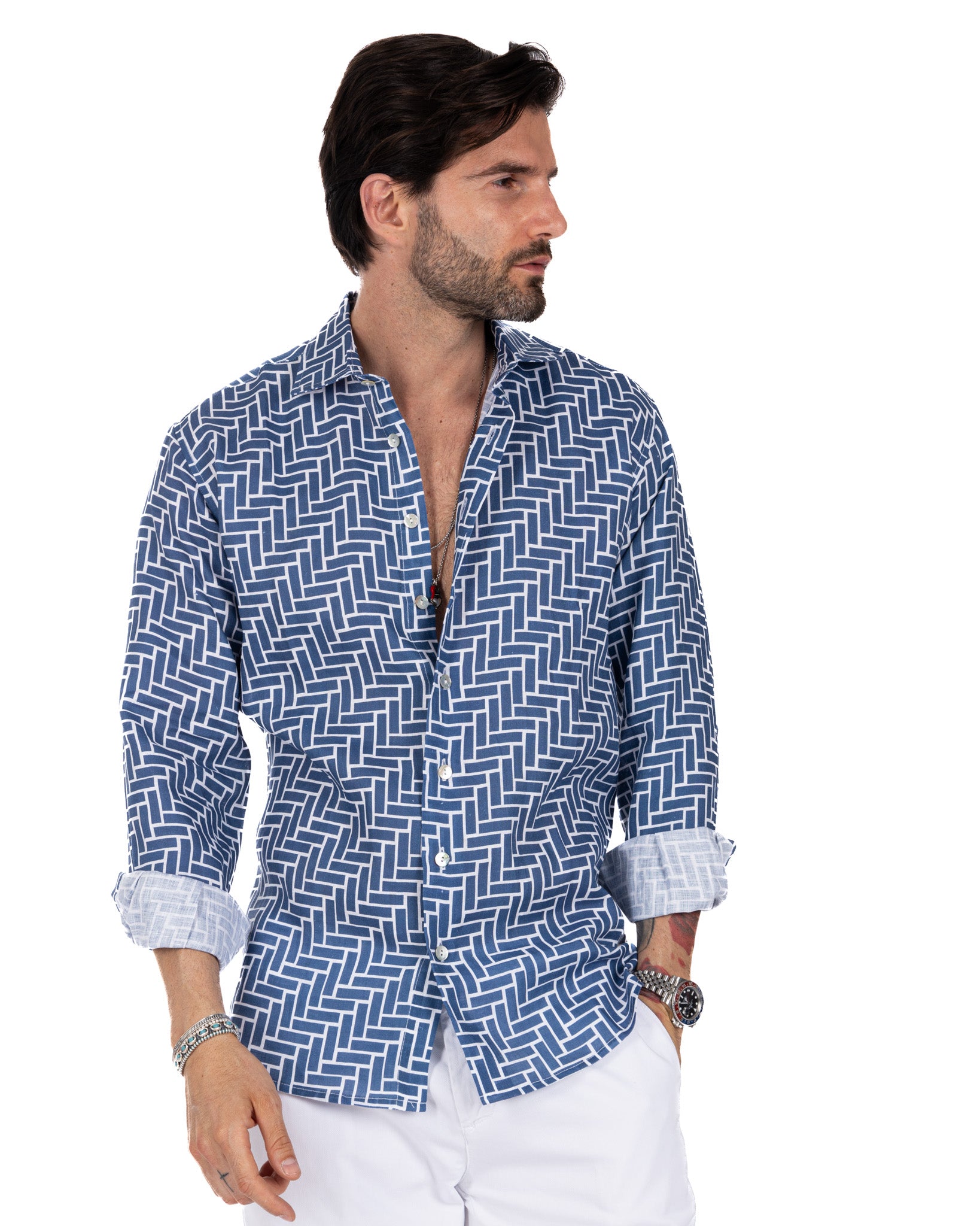 Riggiòla - camicia stampata blu in lino