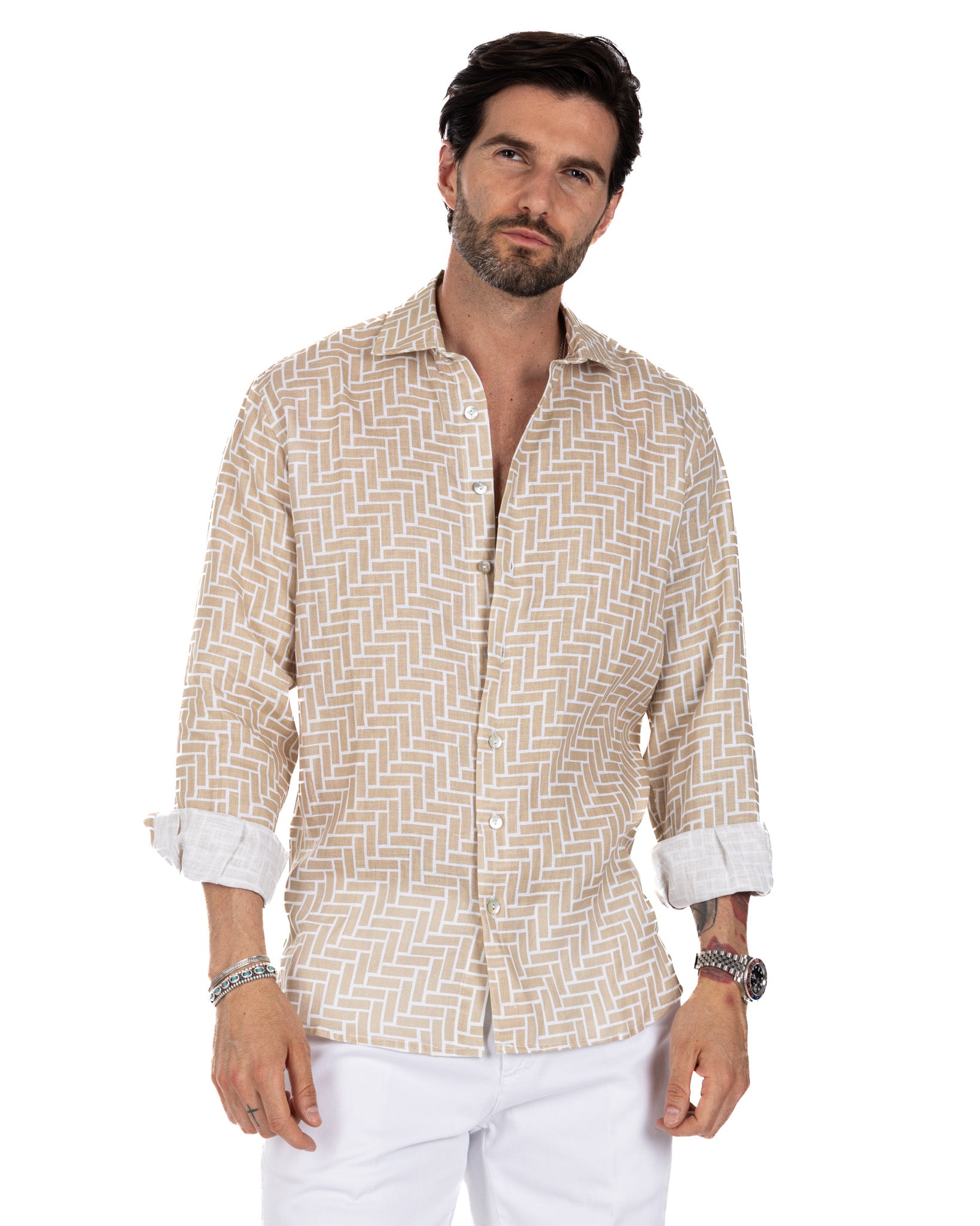 Riggiòla - camicia stampata beige in lino