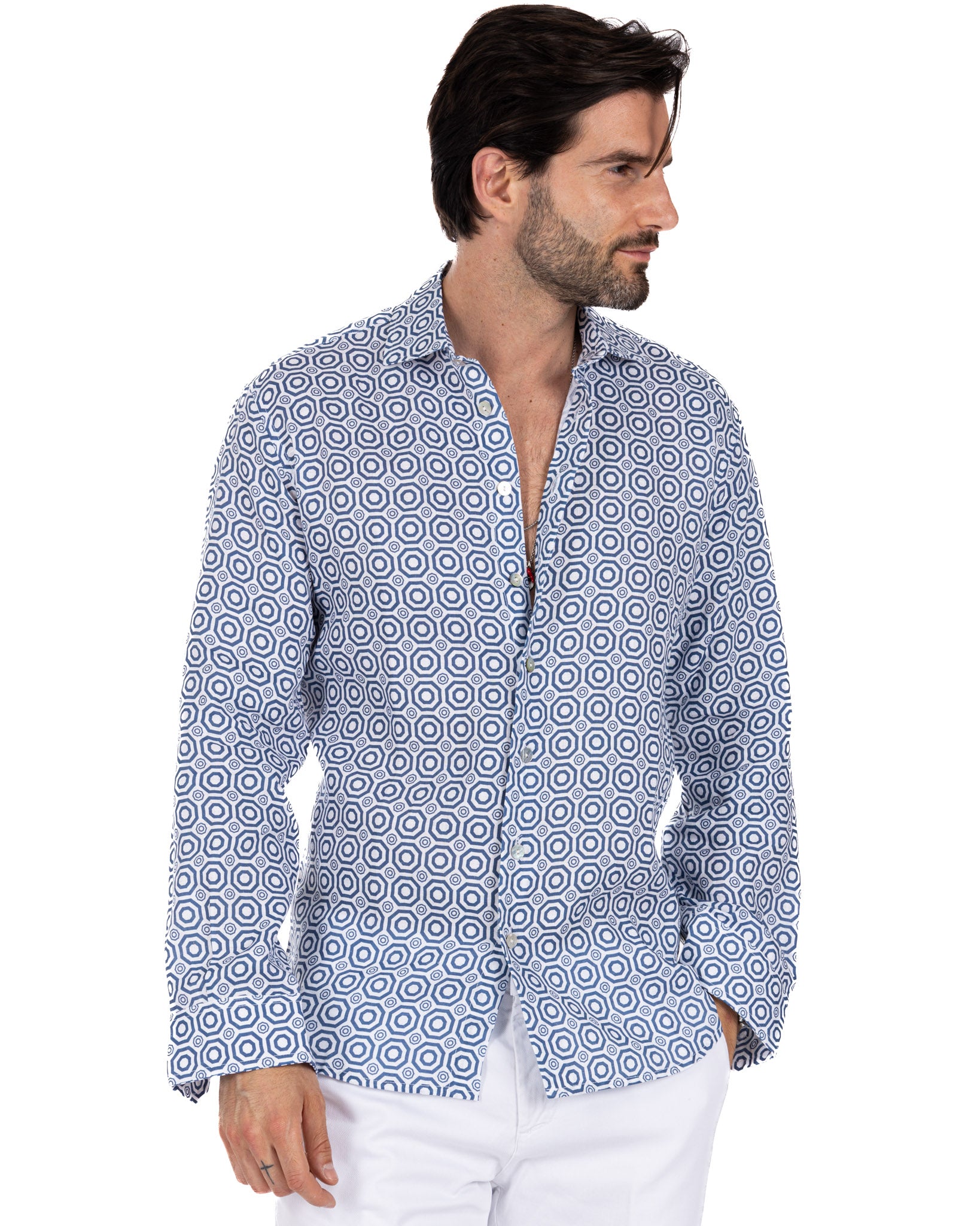 Maiolica - camicia stampata blu in lino