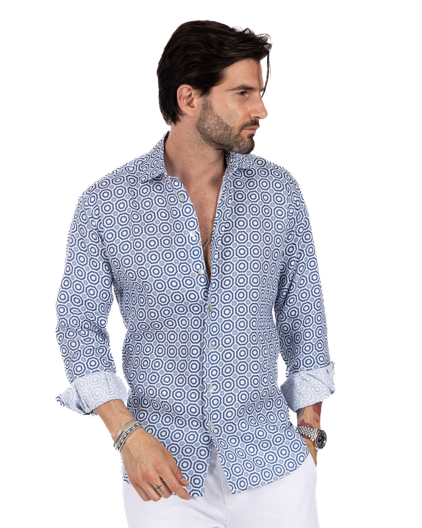 Maiolica - camicia stampata blu in lino