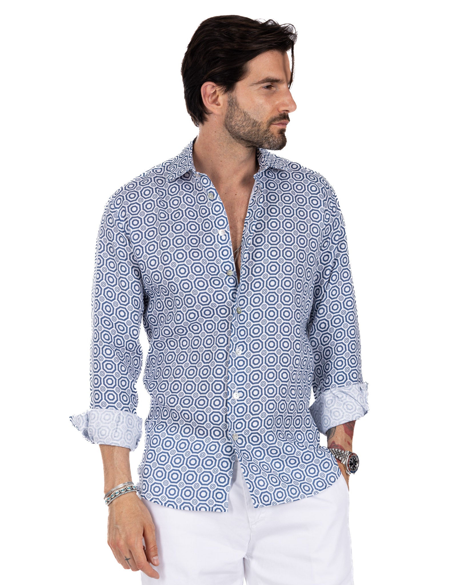 Maiolica - camicia stampata blu in lino