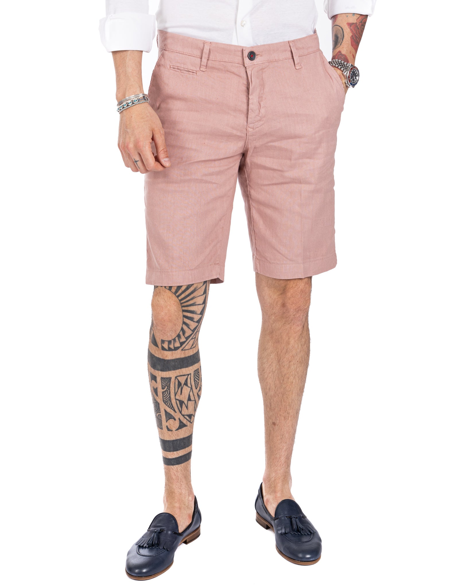 Mustique - pink stretch linen Bermuda shorts