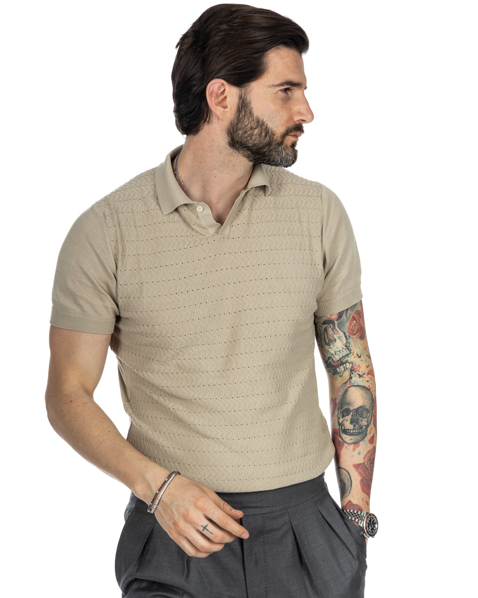 Stefanos - polo beige jacquard in maglia