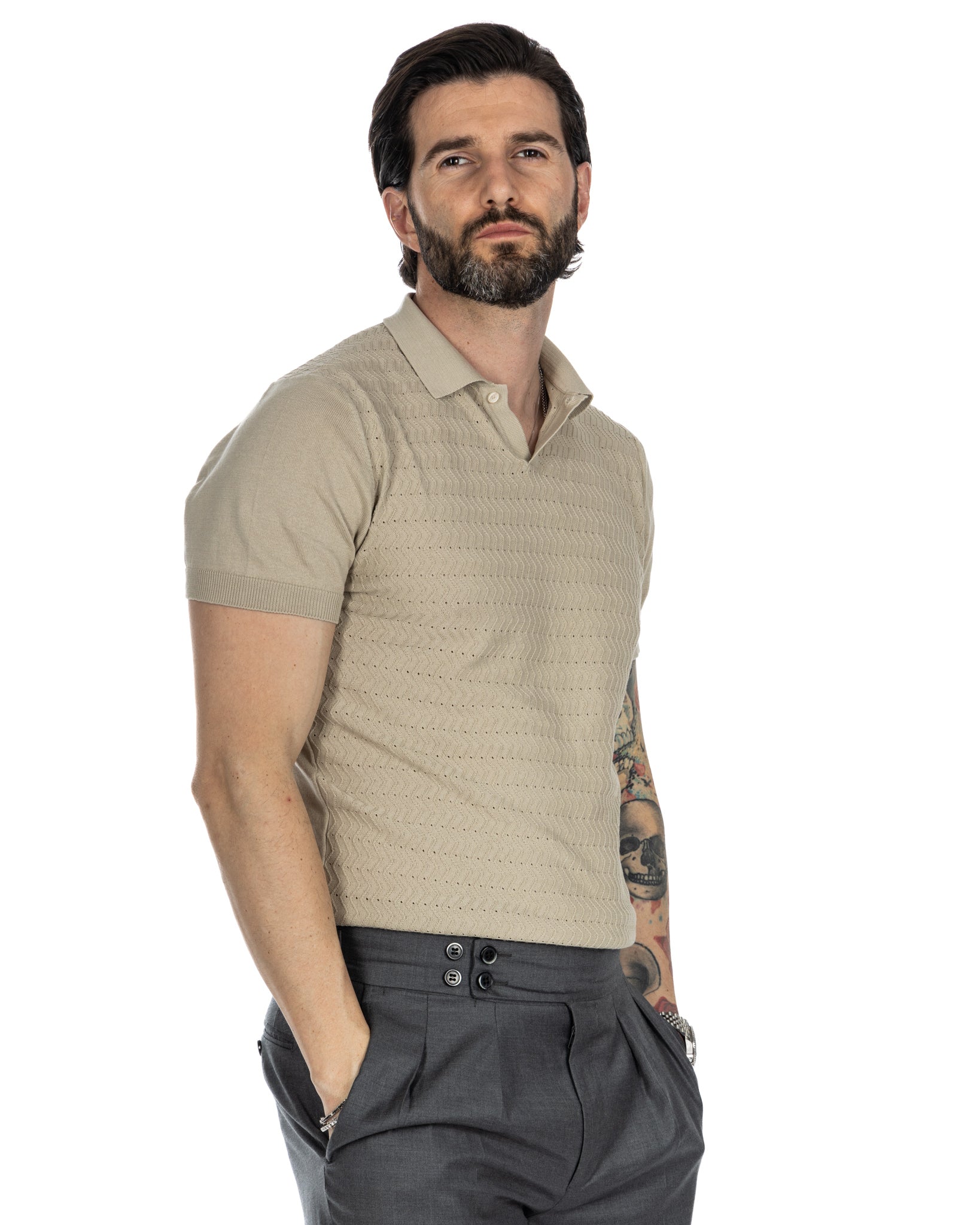 Stefanos - beige jacquard knitted polo shirt