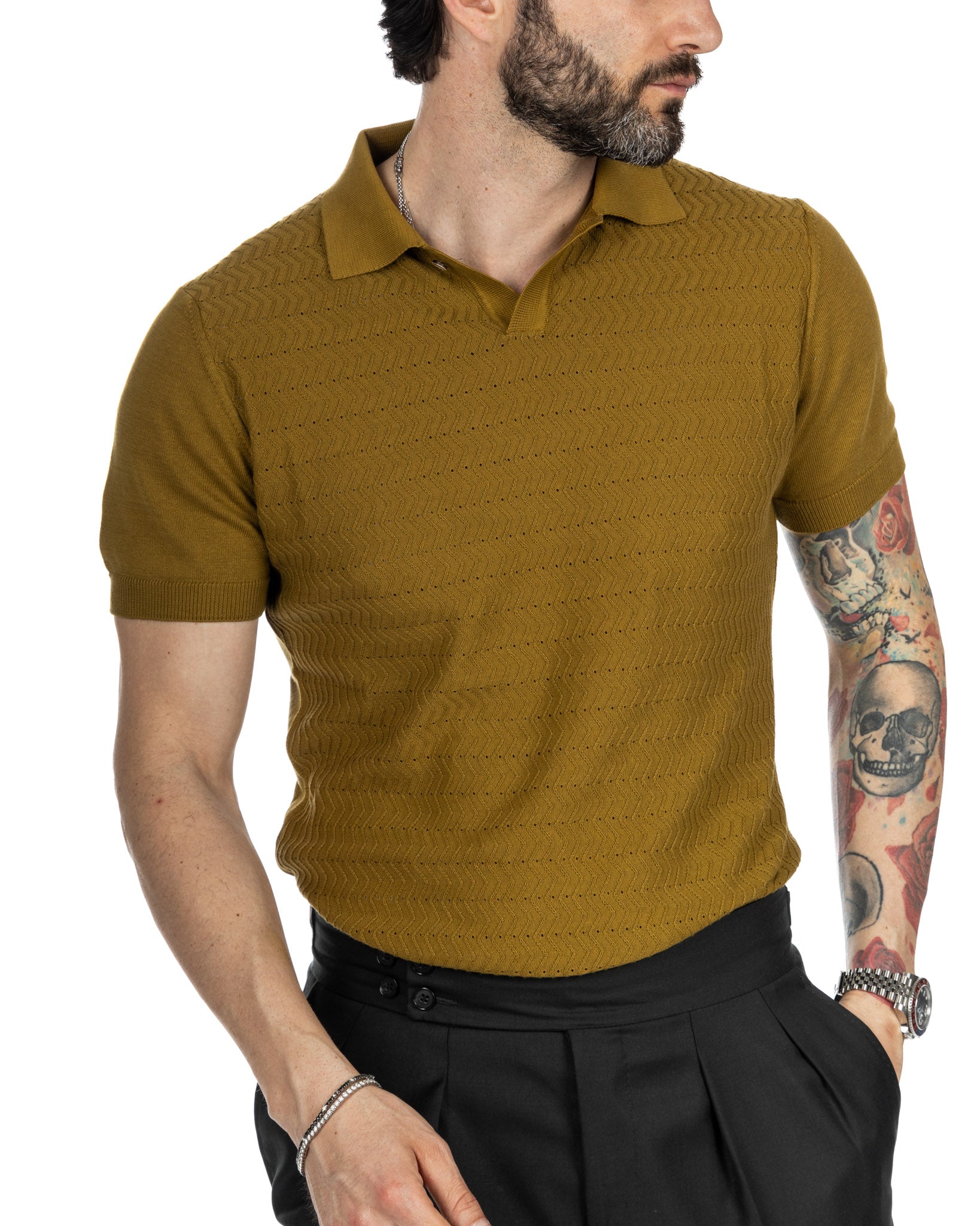 Stefanos - polo en maille jacquard camel