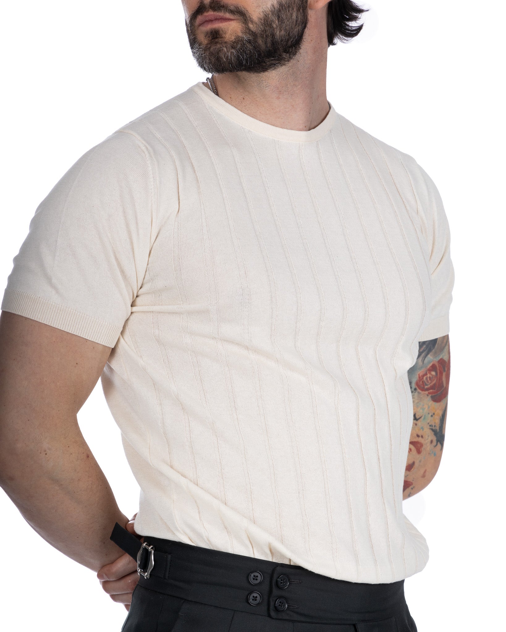 Andreas - cream ribbed knitted t-shirt