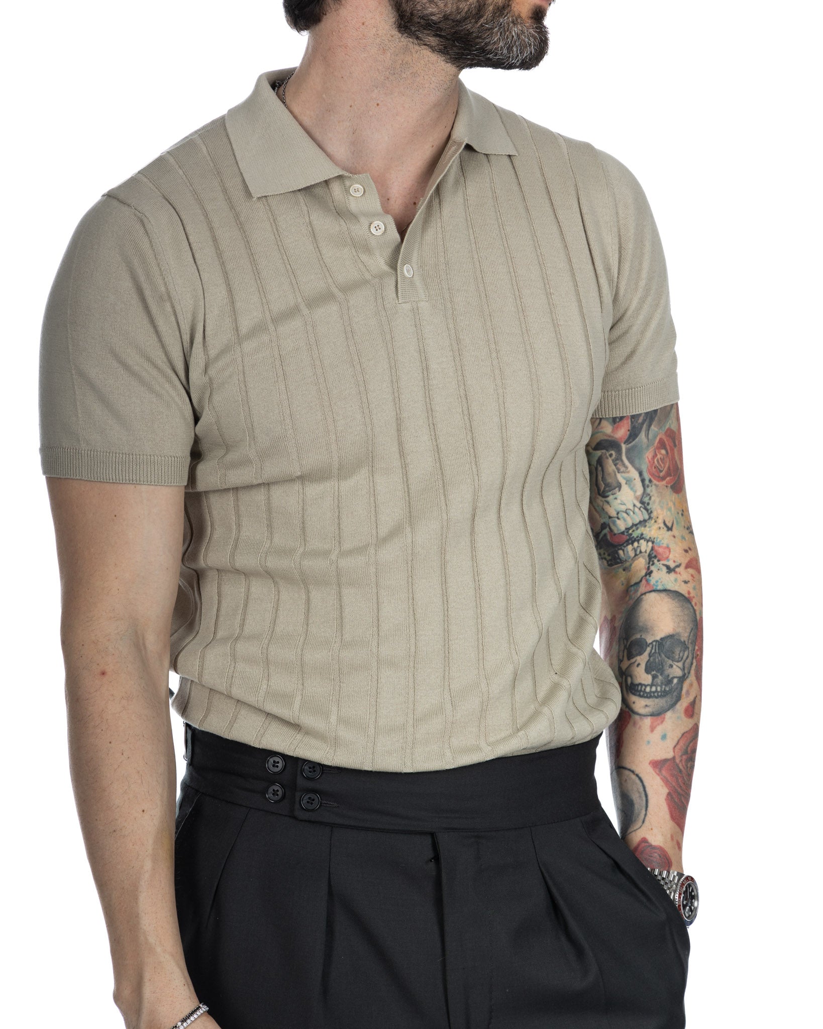 Rafael - beige ribbed knit polo shirt