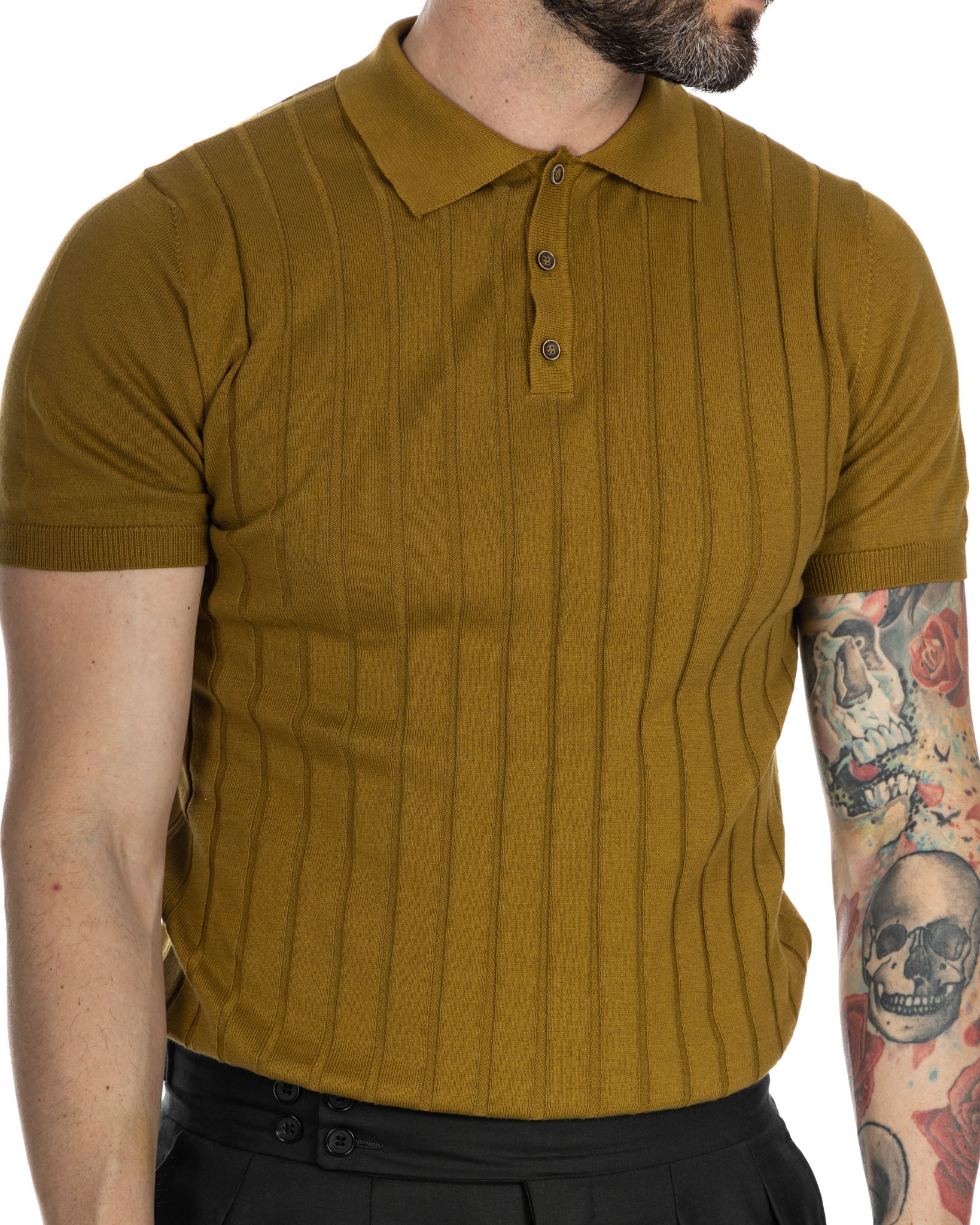 Rafael - camel ribbed knitted polo shirt