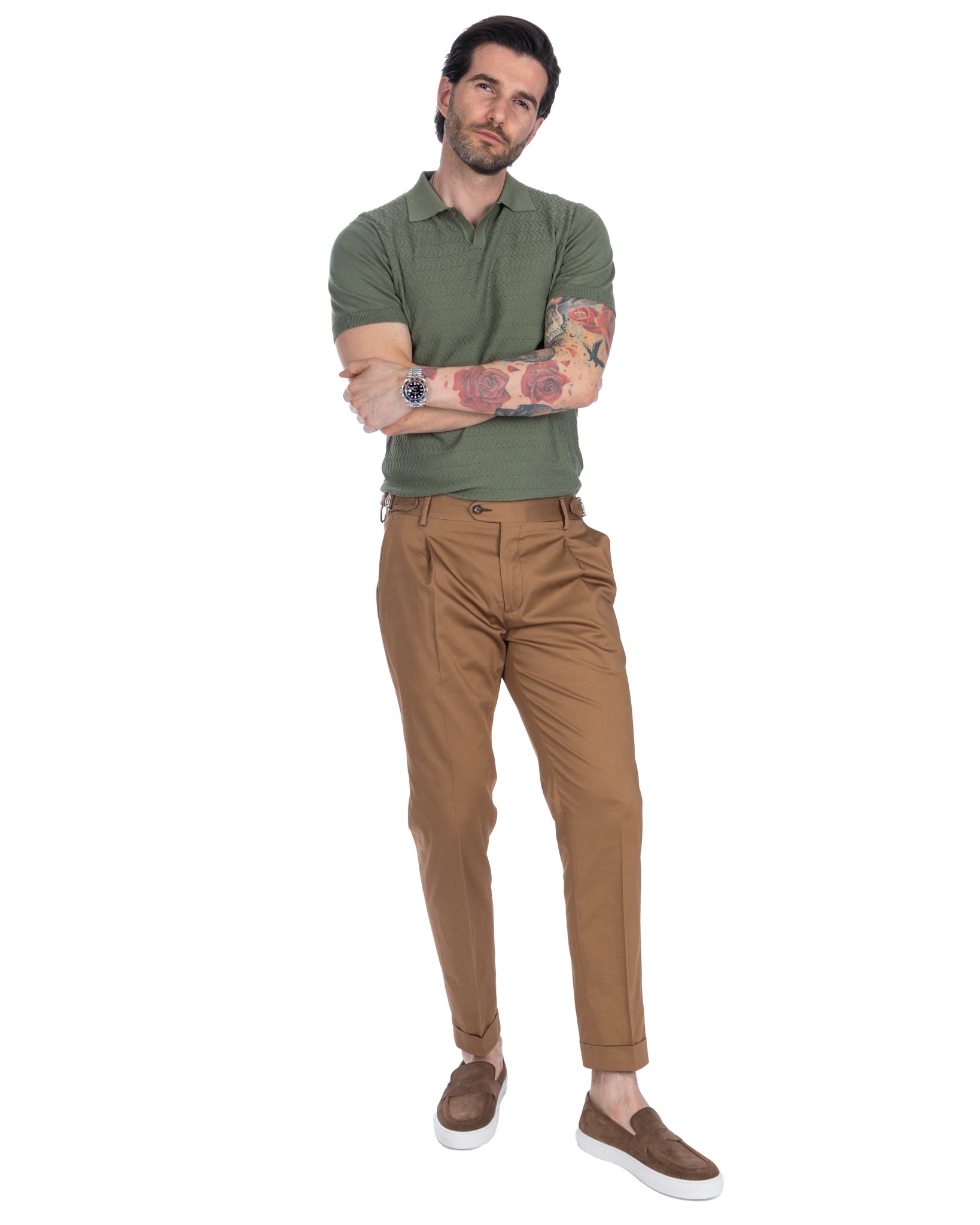 James - pantalon camel taille haute avec boucles