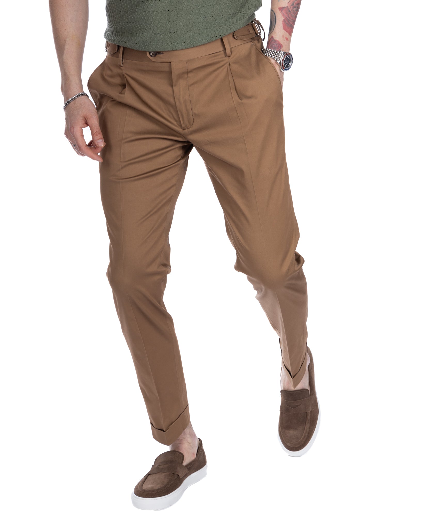 James - high waisted camel trousers with buckles