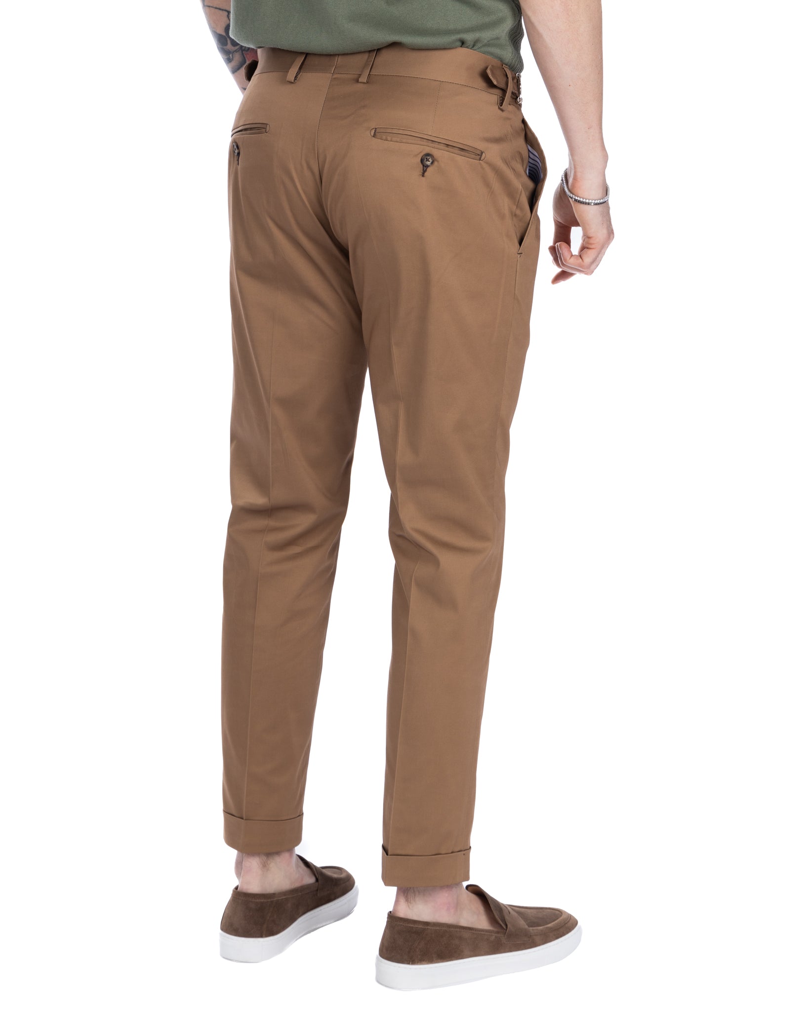 James - high waisted camel trousers with buckles