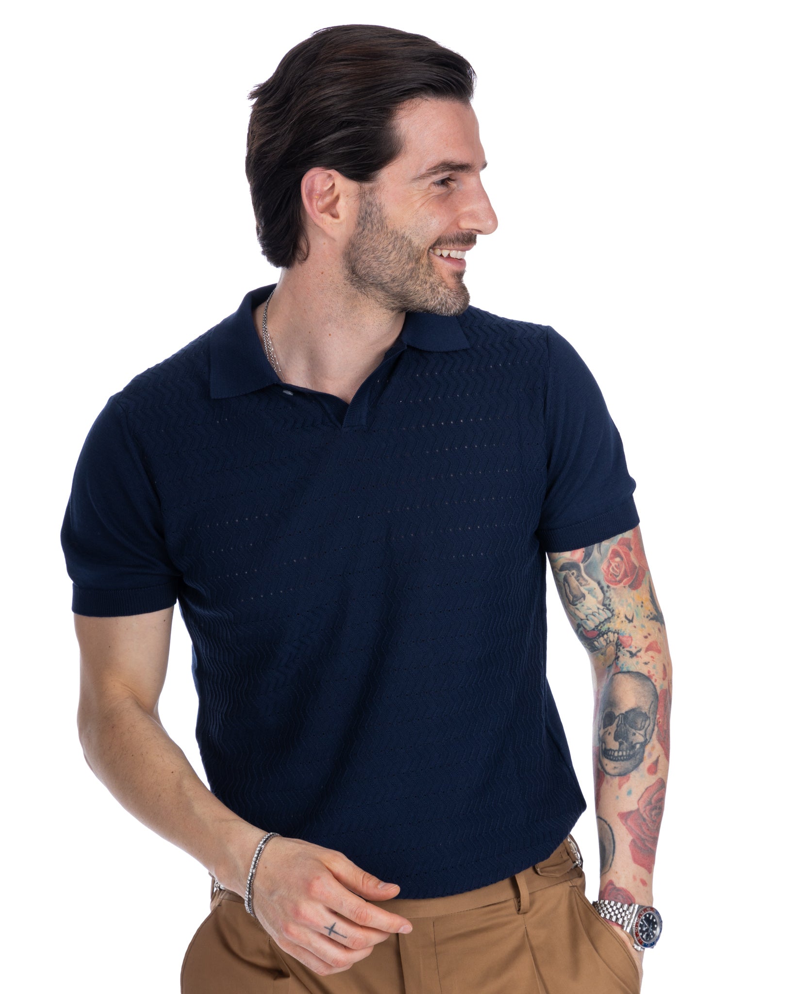 Stefanos - polo blu jacquard in maglia