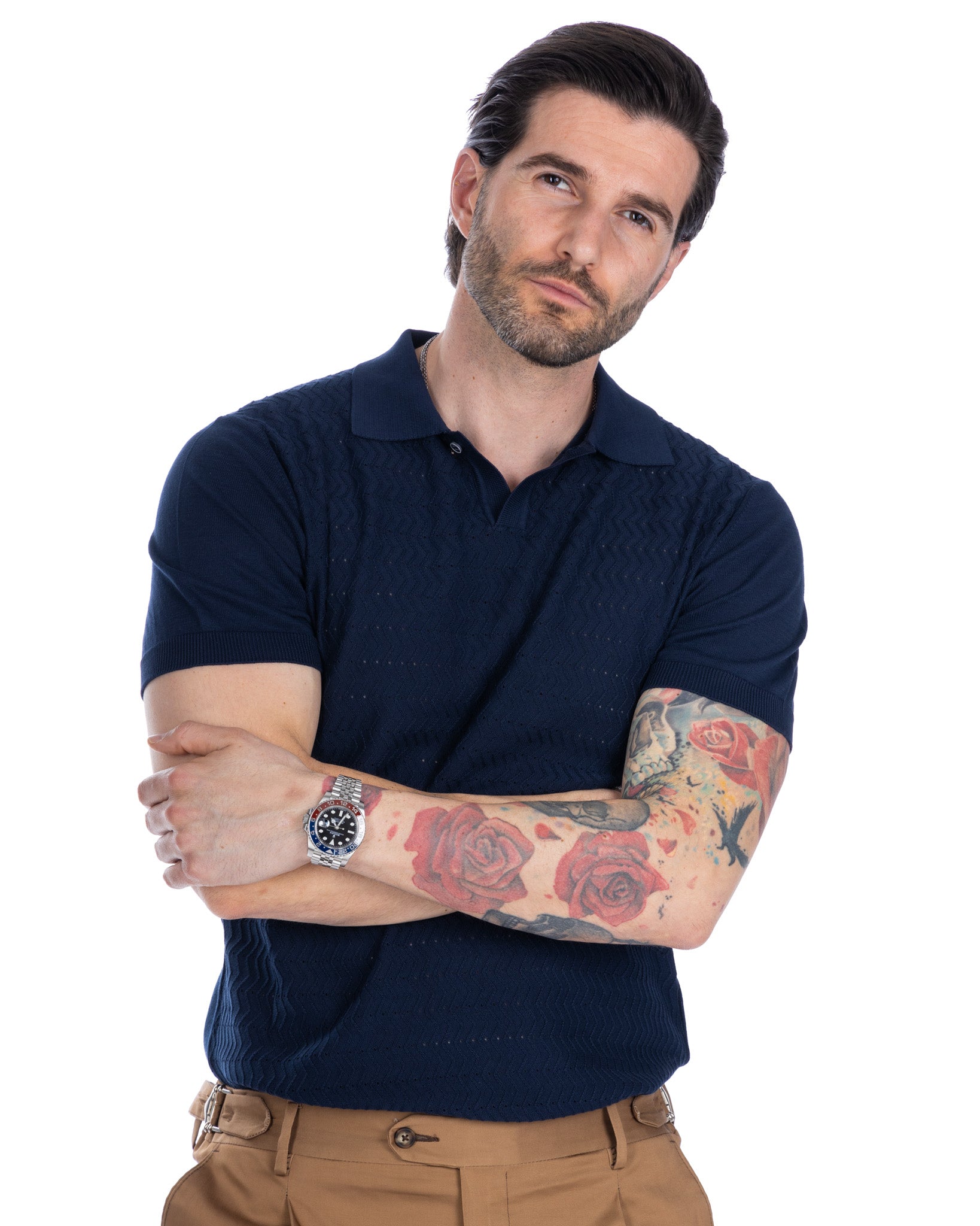 Stefanos - blue jacquard knitted polo shirt