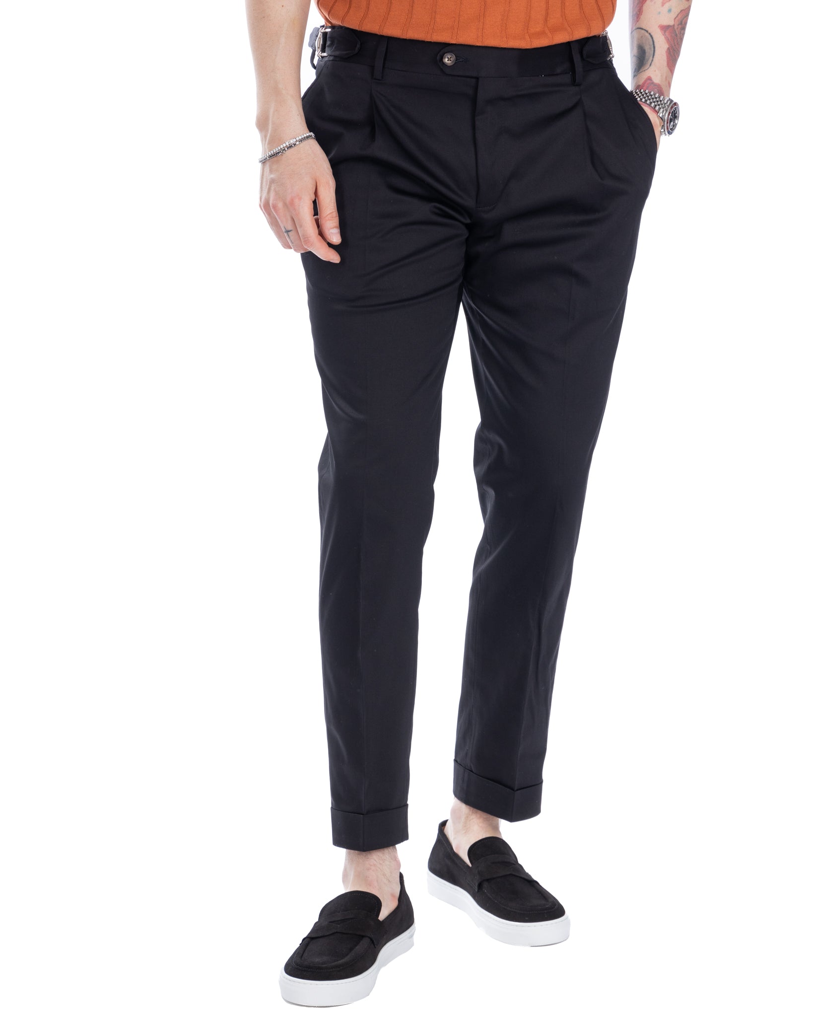 James - black trousers with buckles