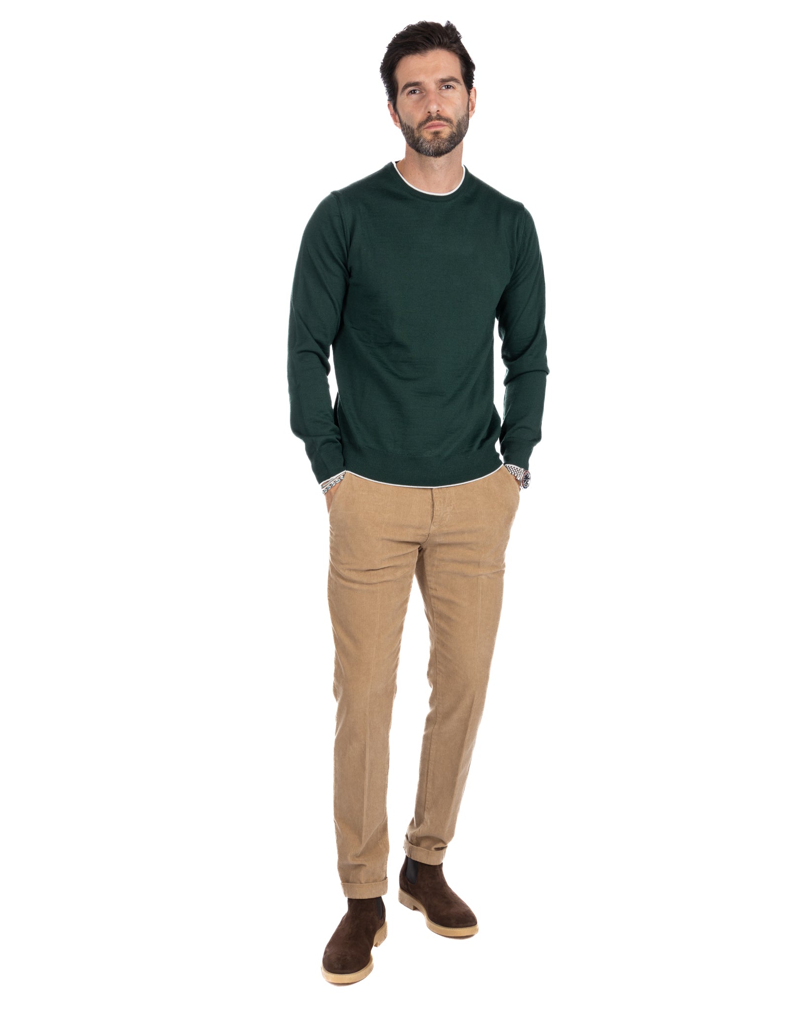 Seve - pull vert avec bordure crème