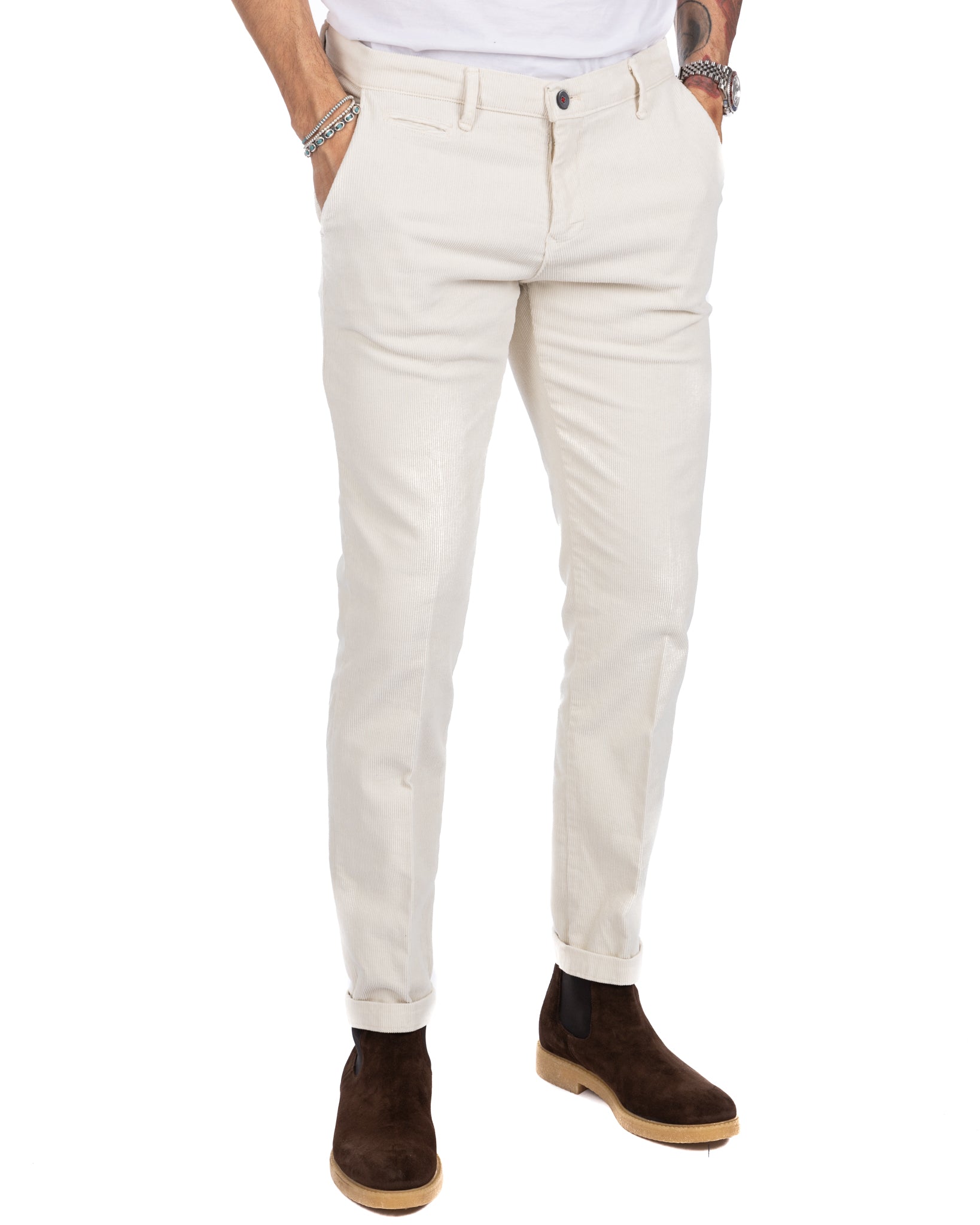 Amir - cream thousand stripe velvet trousers