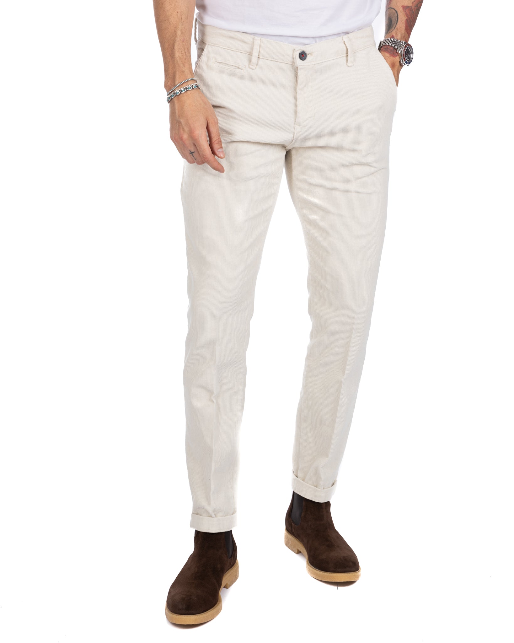 Amir - cream thousand stripe velvet trousers