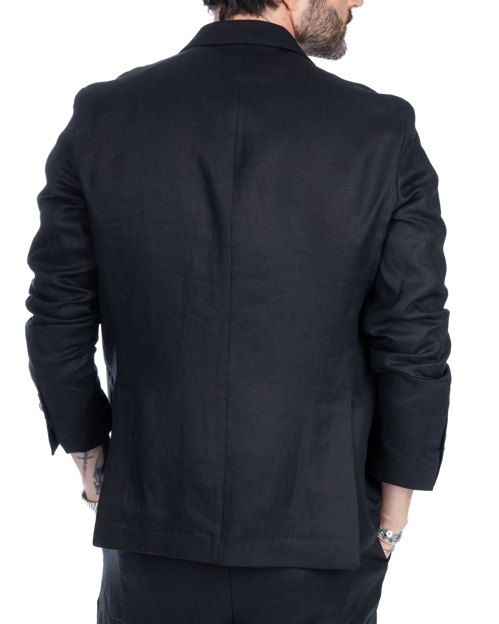 Baunei - pure black linen double-breasted jacket