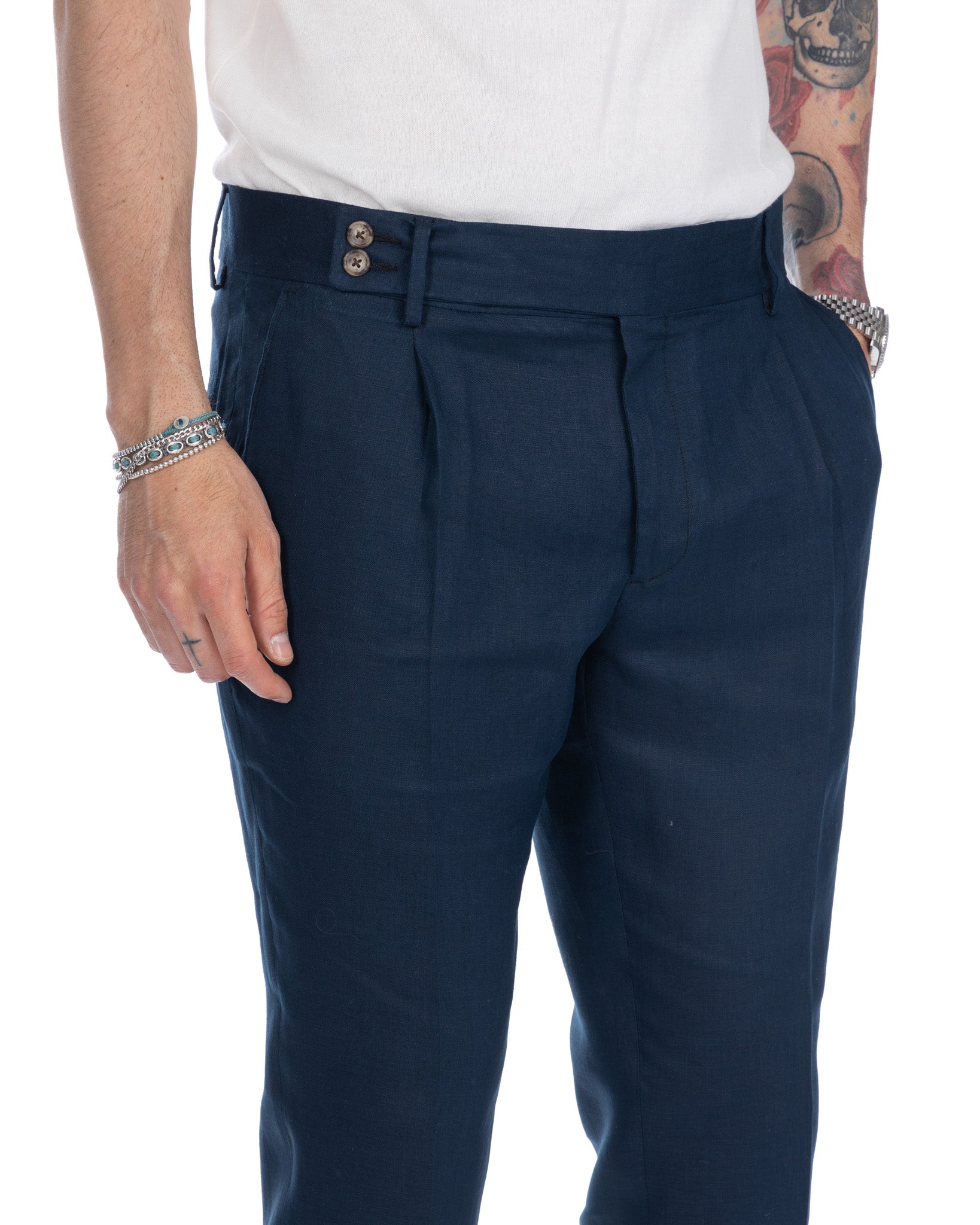 Sorso - pantalone vita alta blu in puro lino