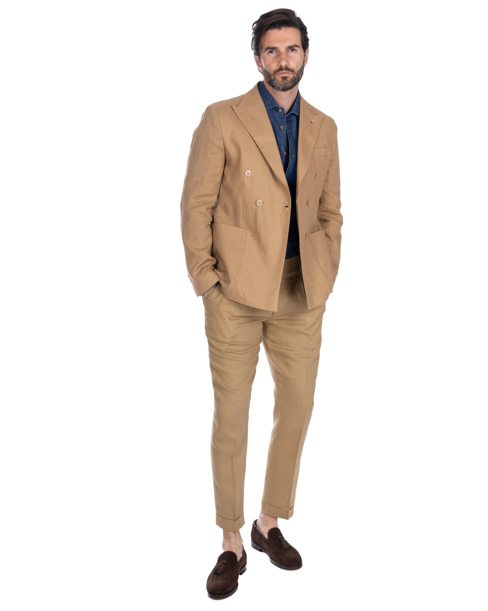 Baunei - camel pure linen double-breasted jacket