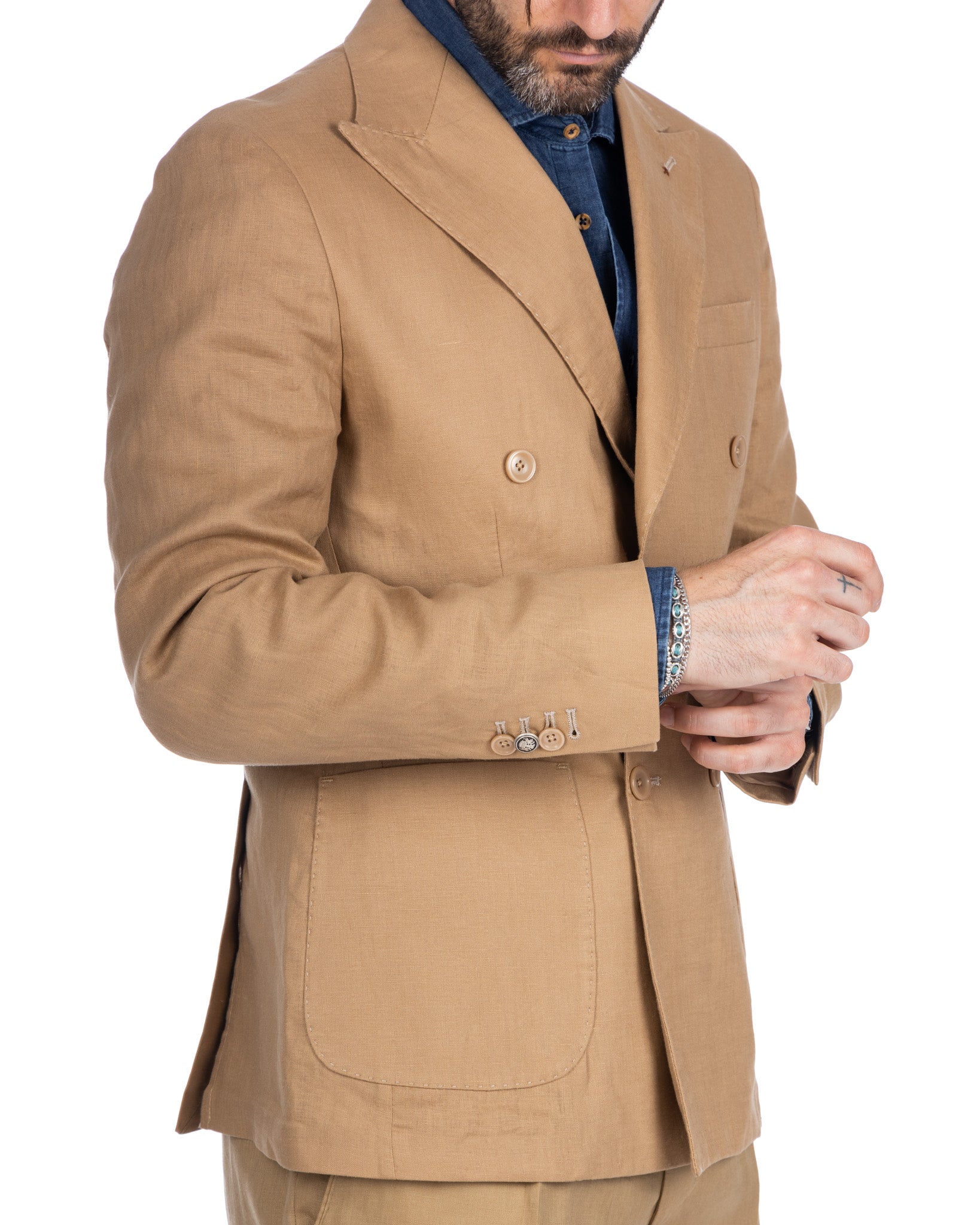 Baunei - camel pure linen double-breasted jacket