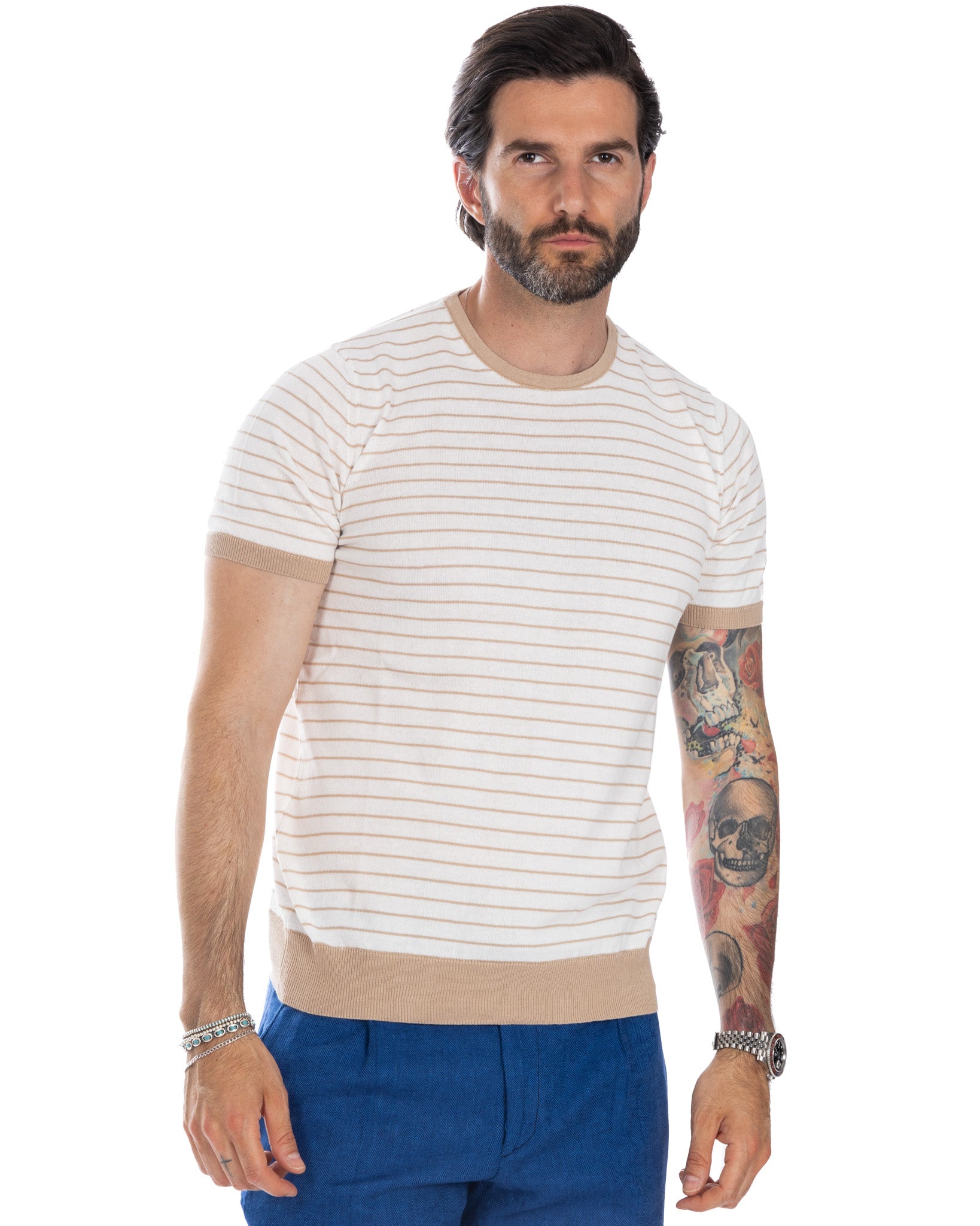 Corrado - t-shirt en maille rayé beige