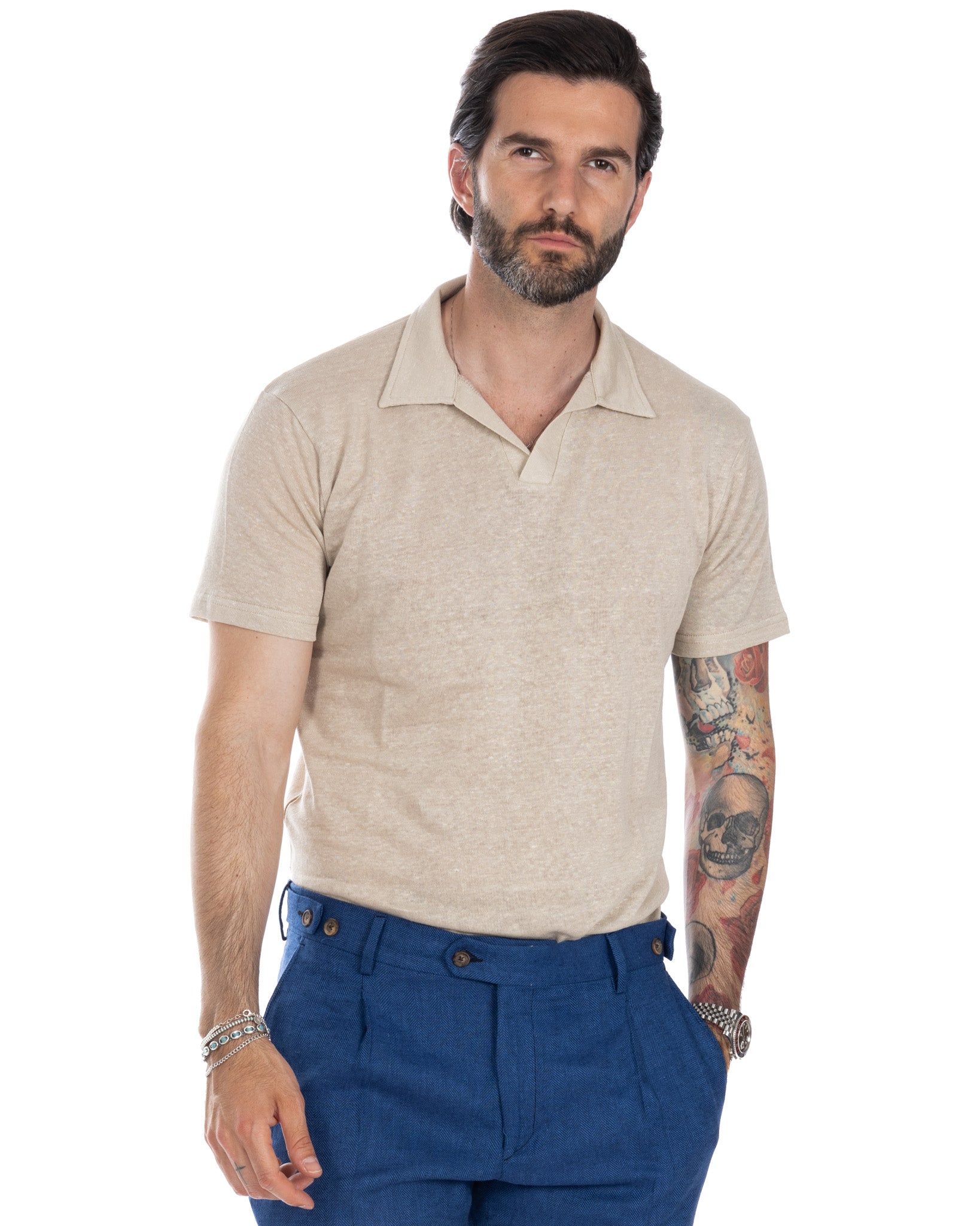 Ben - knitted cocoa linen polo shirt