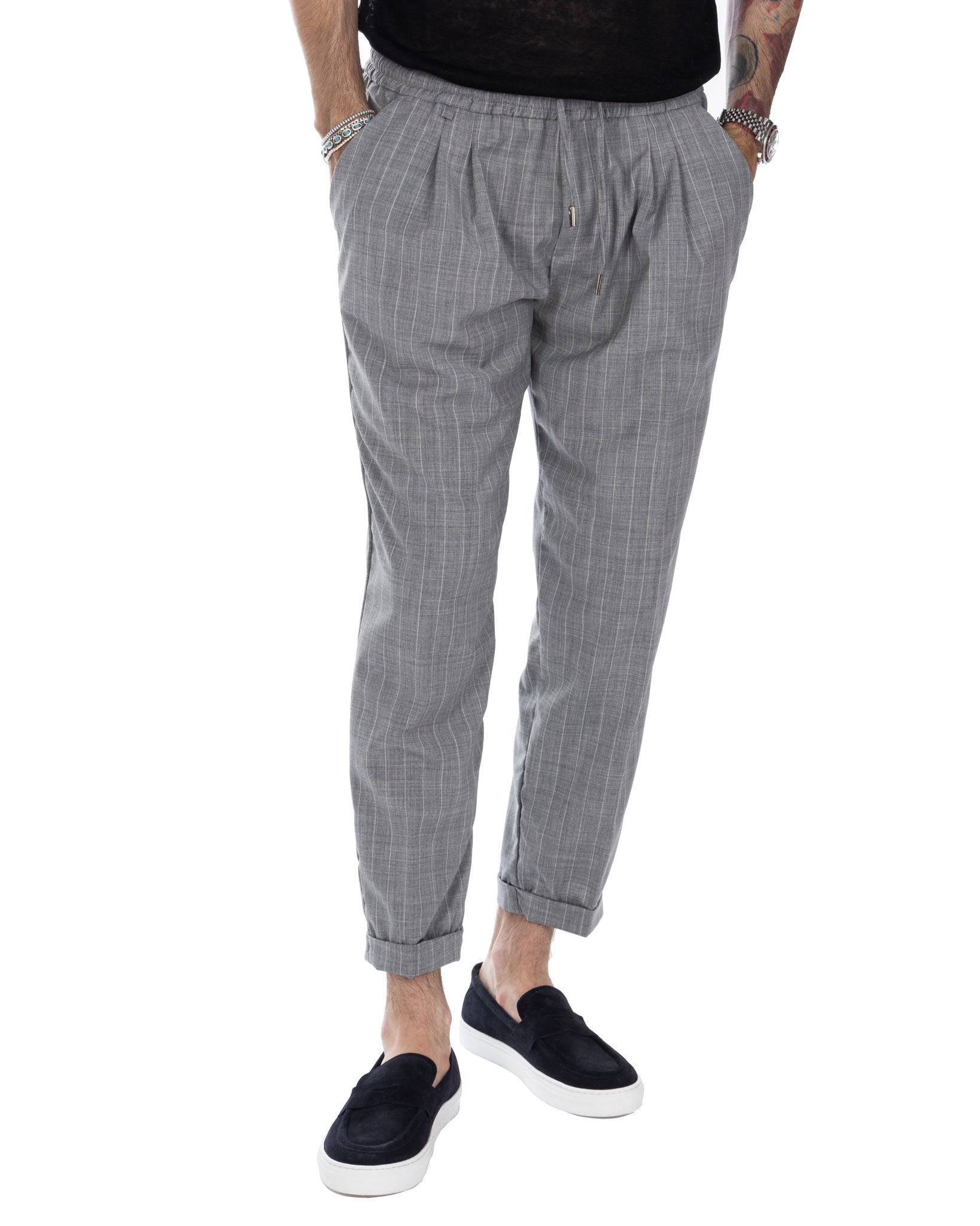 Elijah - pantalon gris à fines rayures en laine mélangée