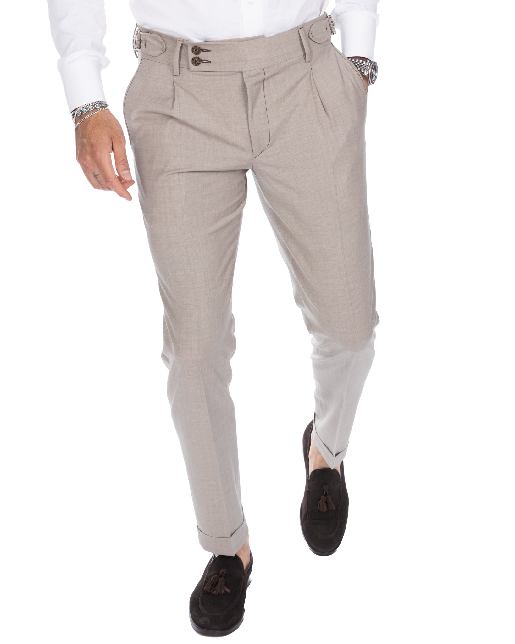 Manhattan - pantalon taille haute en laine beige