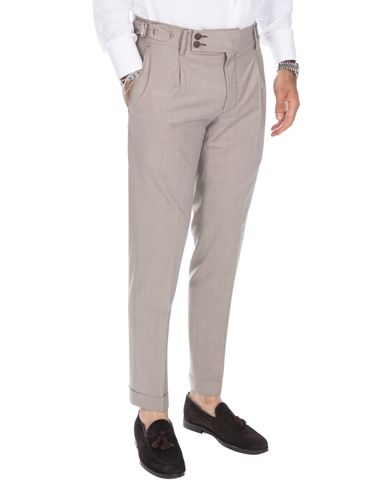 Manhattan - pantalon taille haute en laine beige