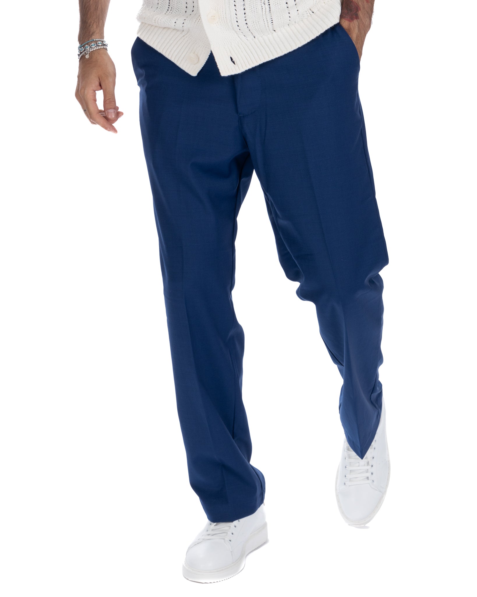 Jacob - pantalone largo bluette in misto lana