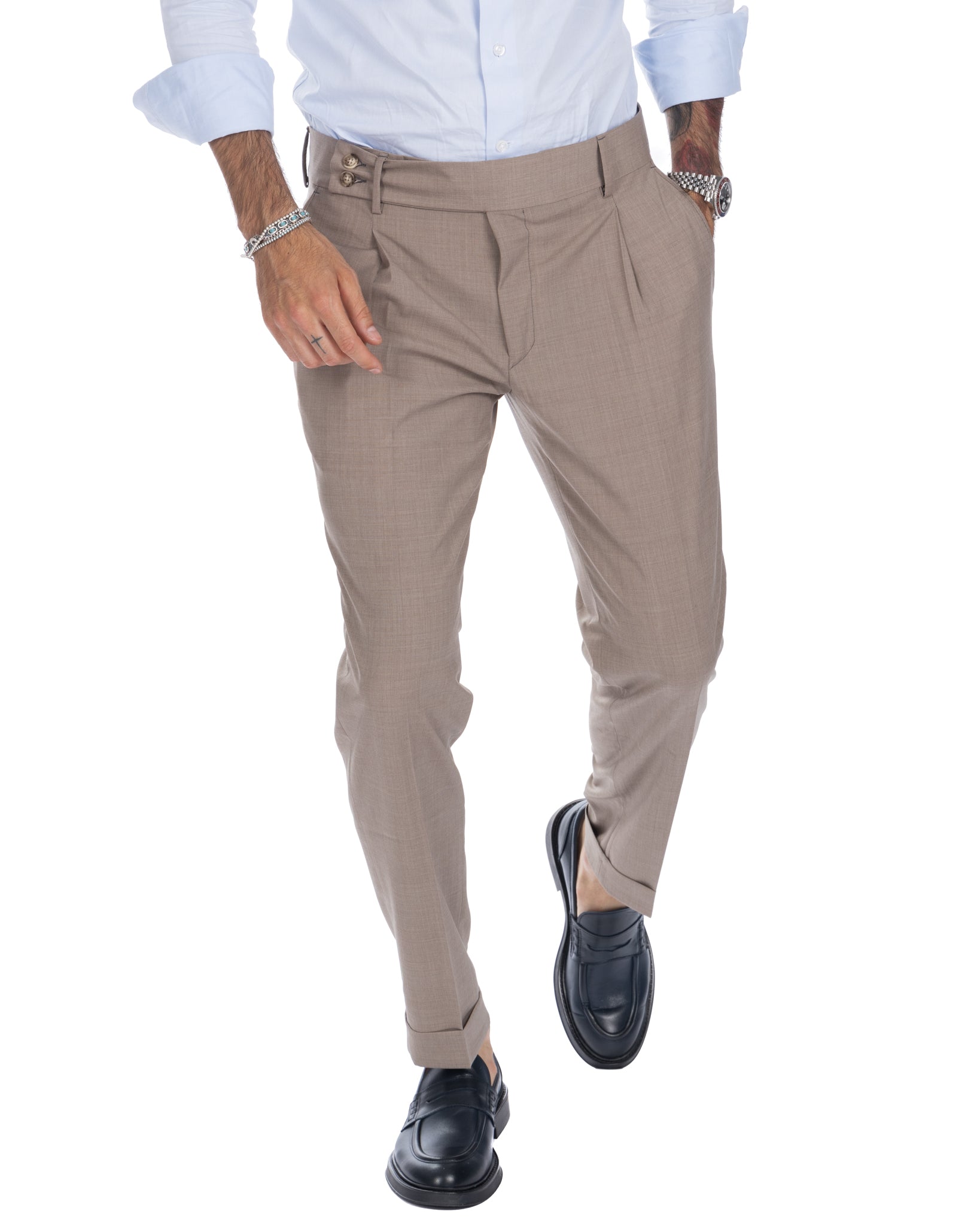 Pantalon italien taille haute beige en laine mélangée