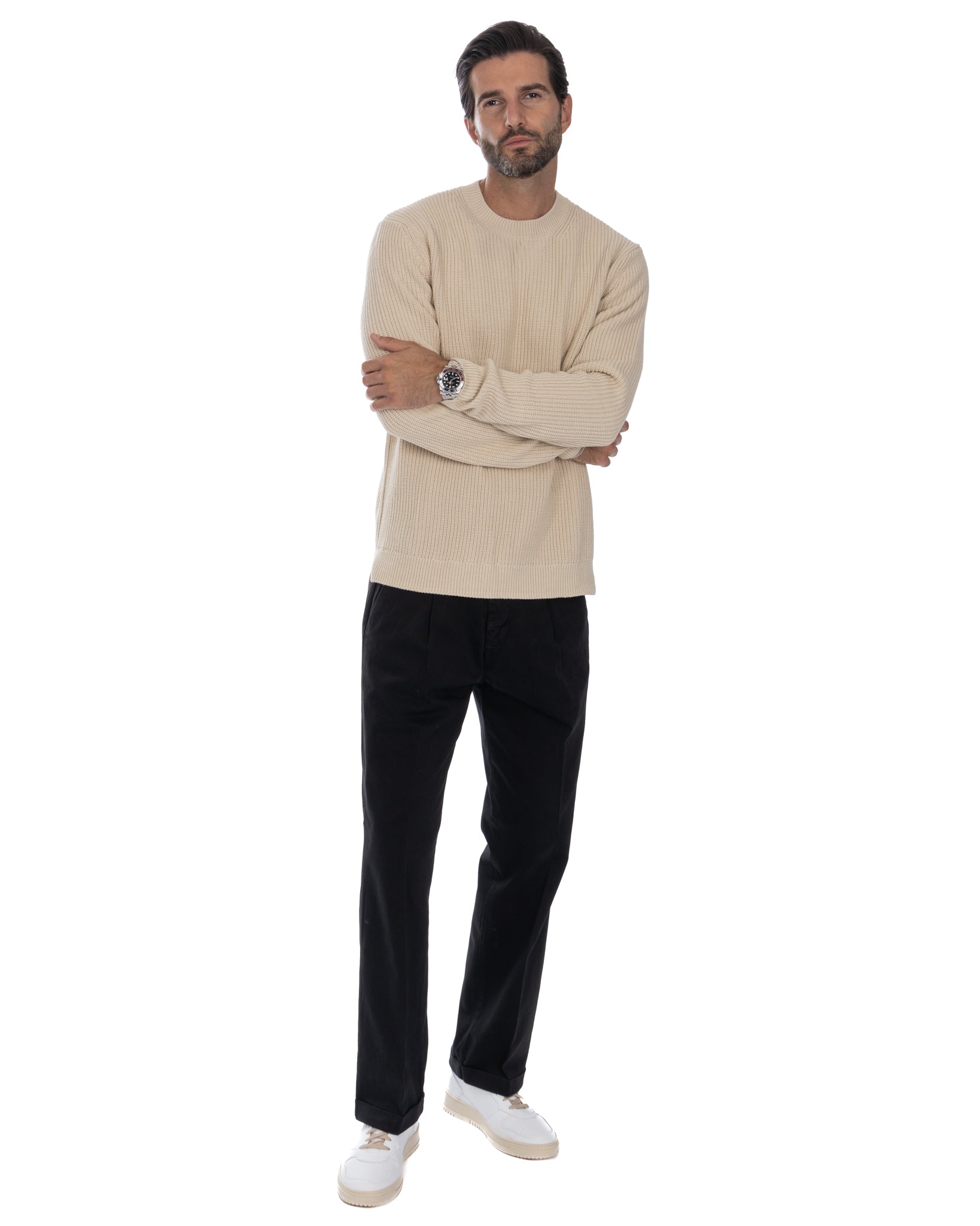 Sven - beige ribbed crew neck sweater