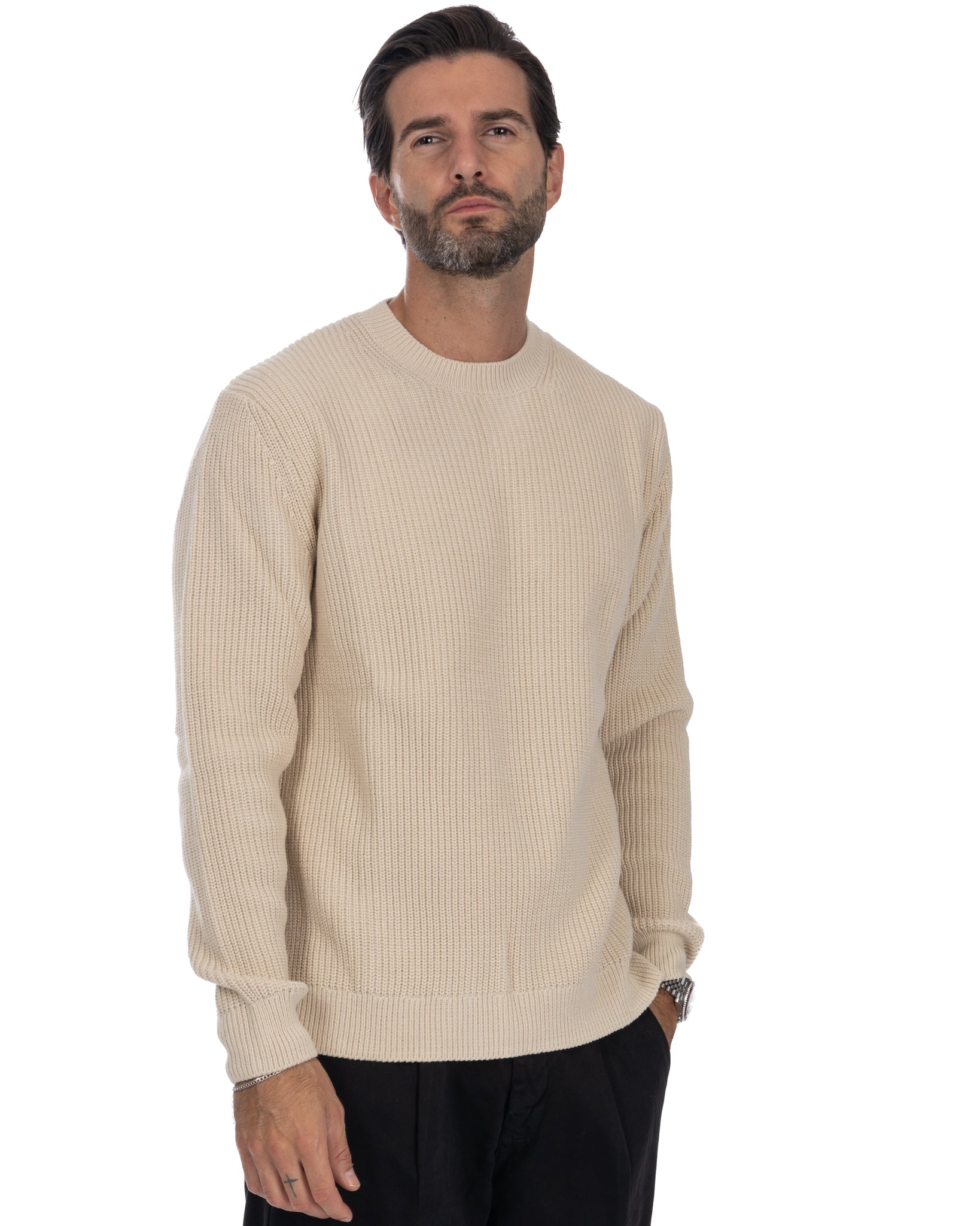 Sven - pull col rond côtelé beige