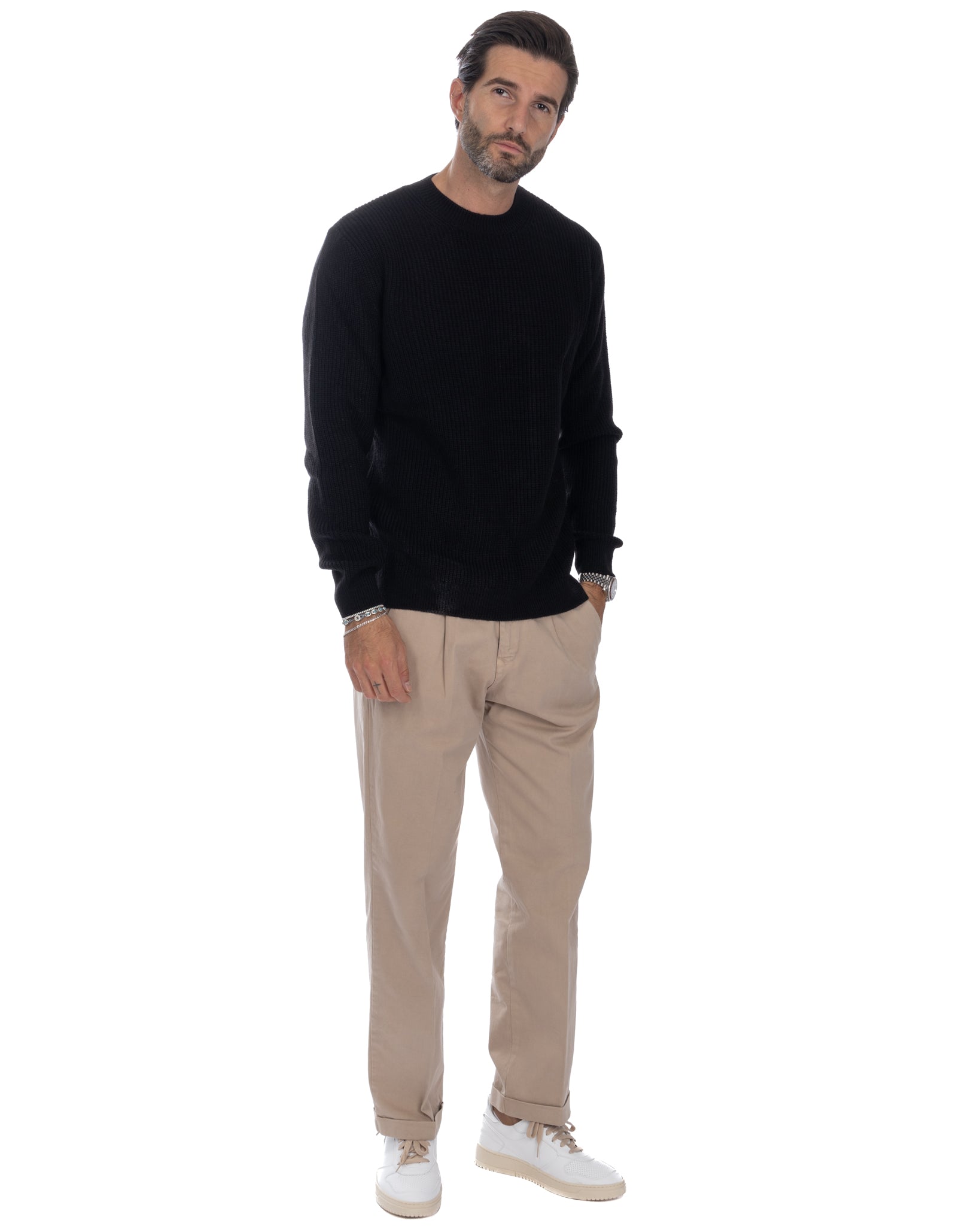 Sven - black ribbed crew neck sweater