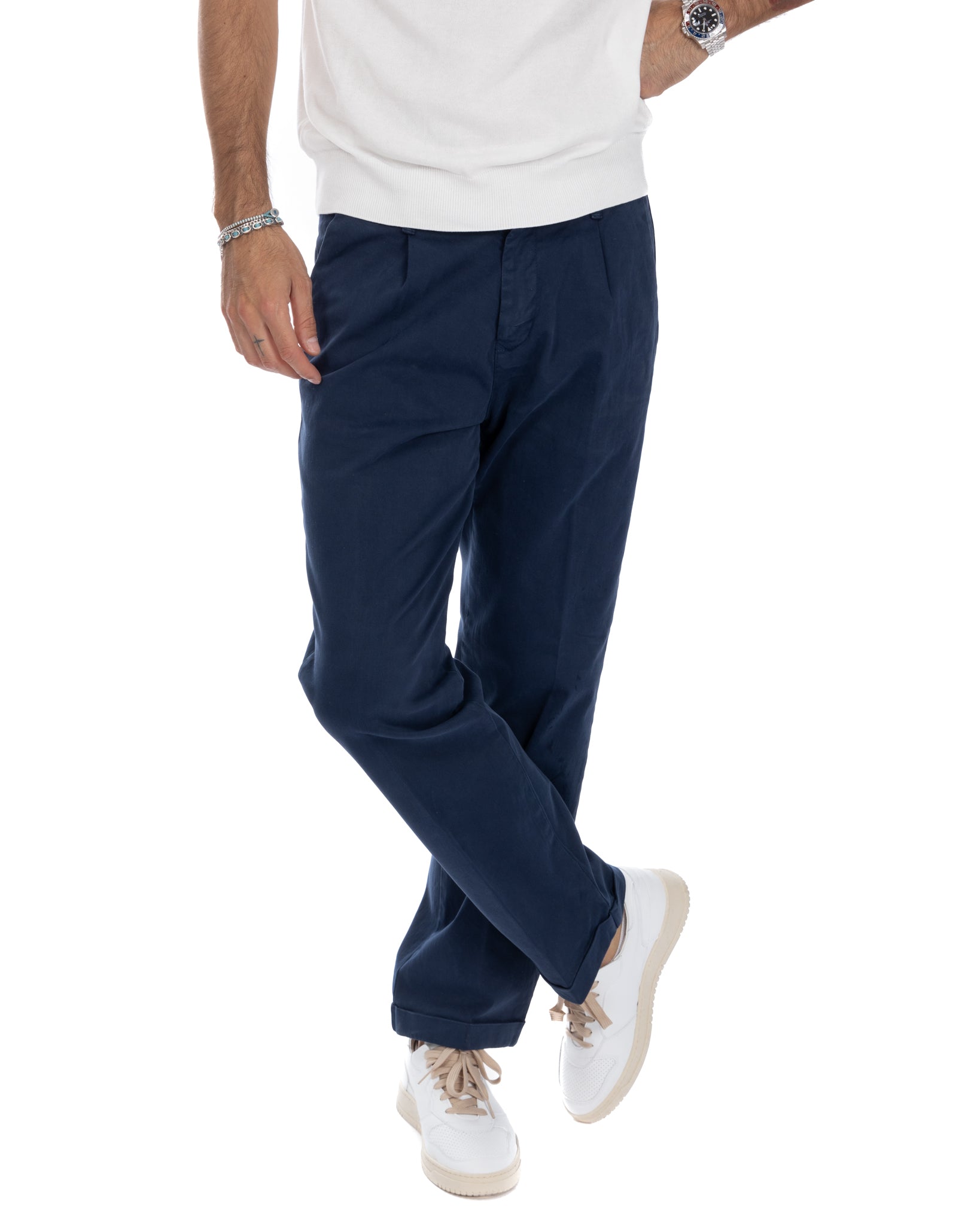 Sean - pantalone in cotone largo bluette