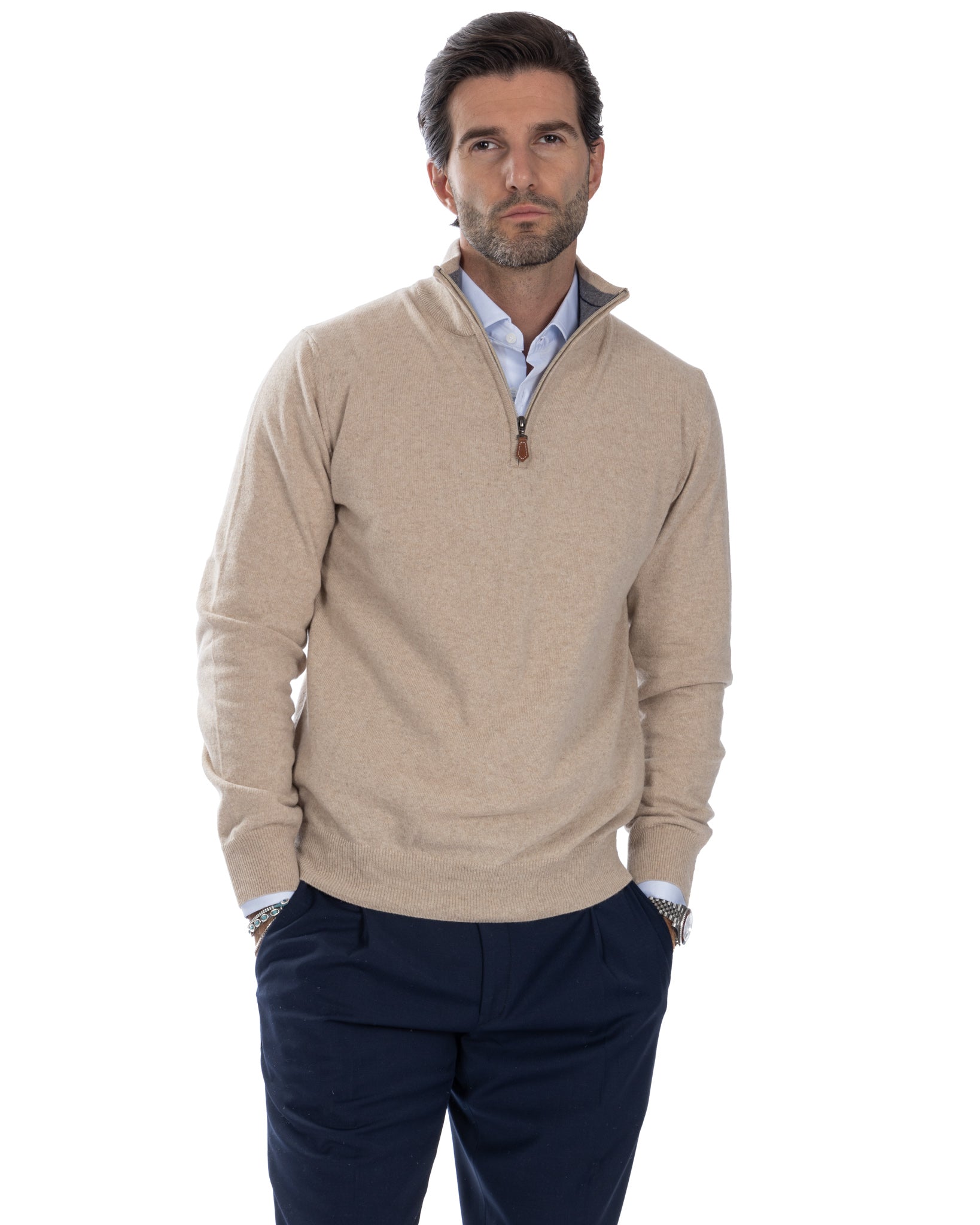 Rory - maglione beige con zip in misto cachemire