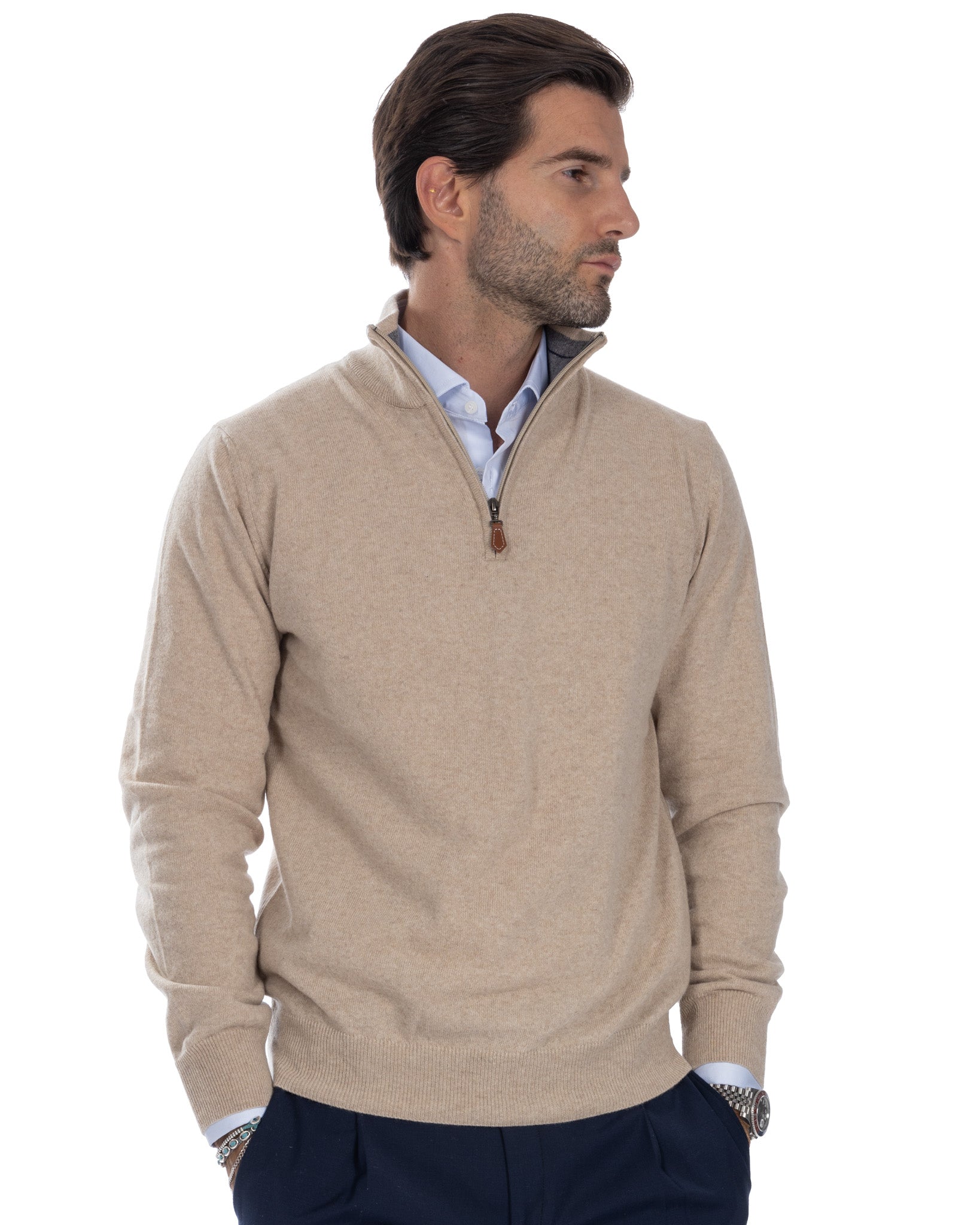 Rory - pull zippé en cachemire mélangé beige