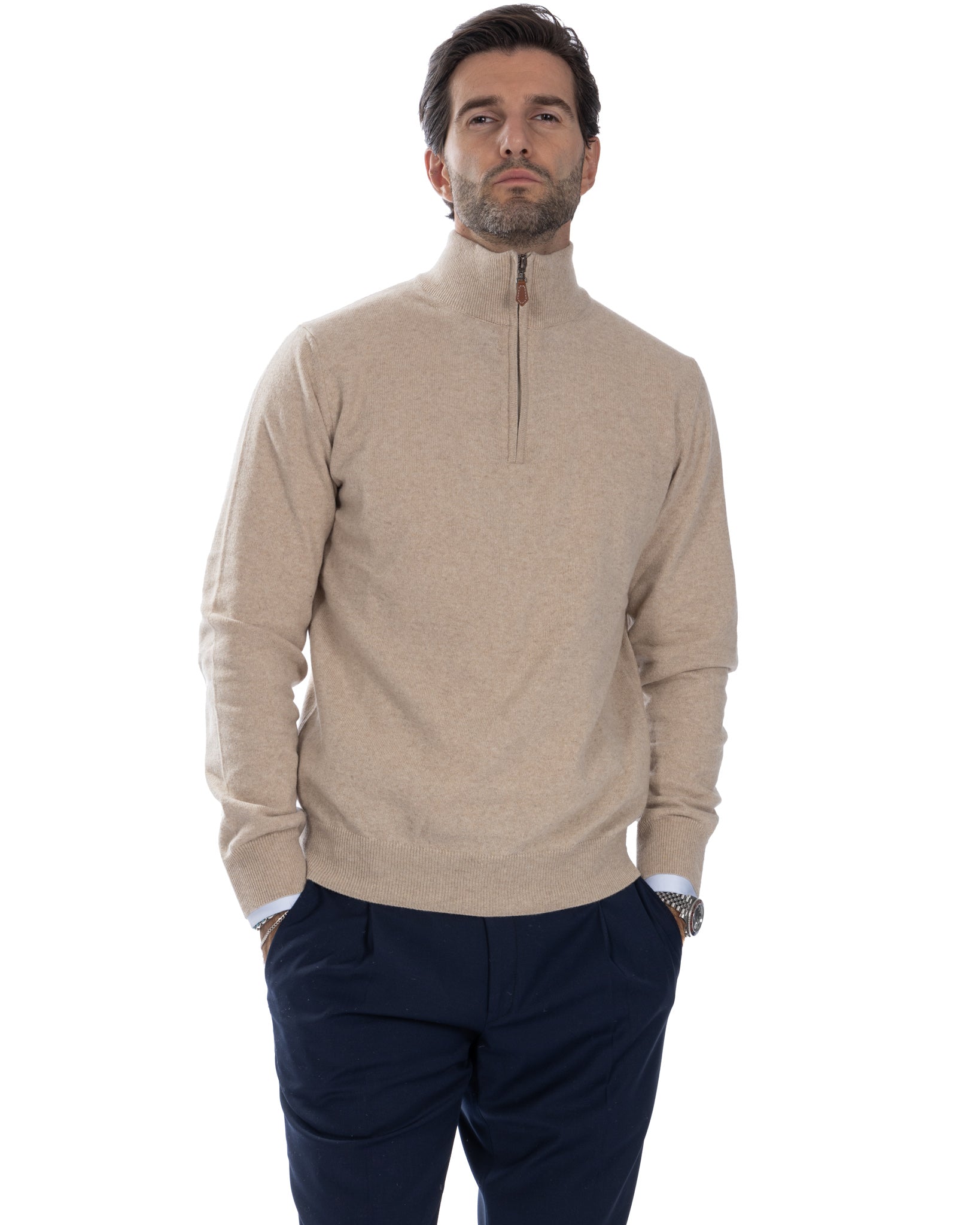 Rory - beige cashmere blend zip sweater