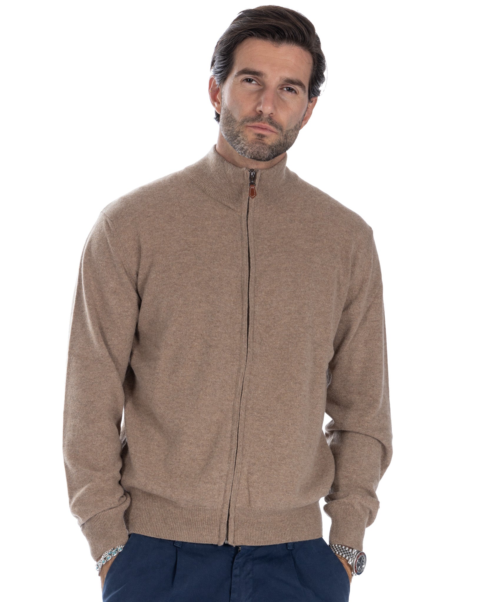 Matt - full zip tobacco sweater in cashmere blend