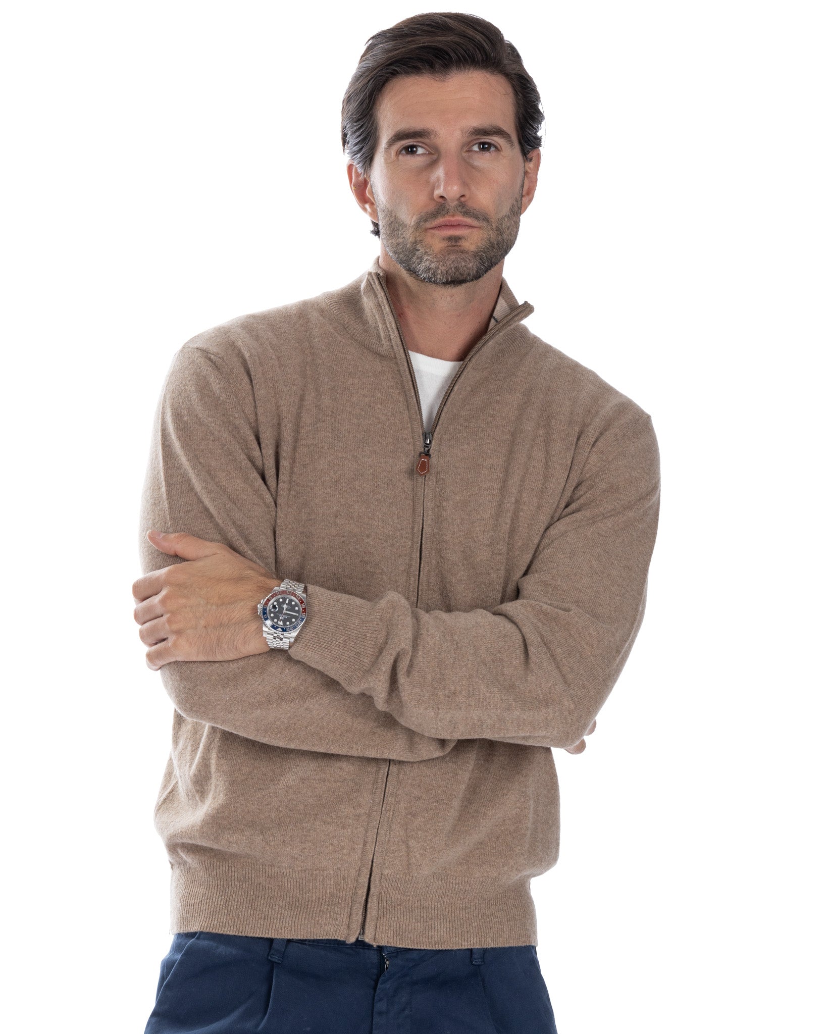 Matt - maglione tabacco full zip in misto cachemire