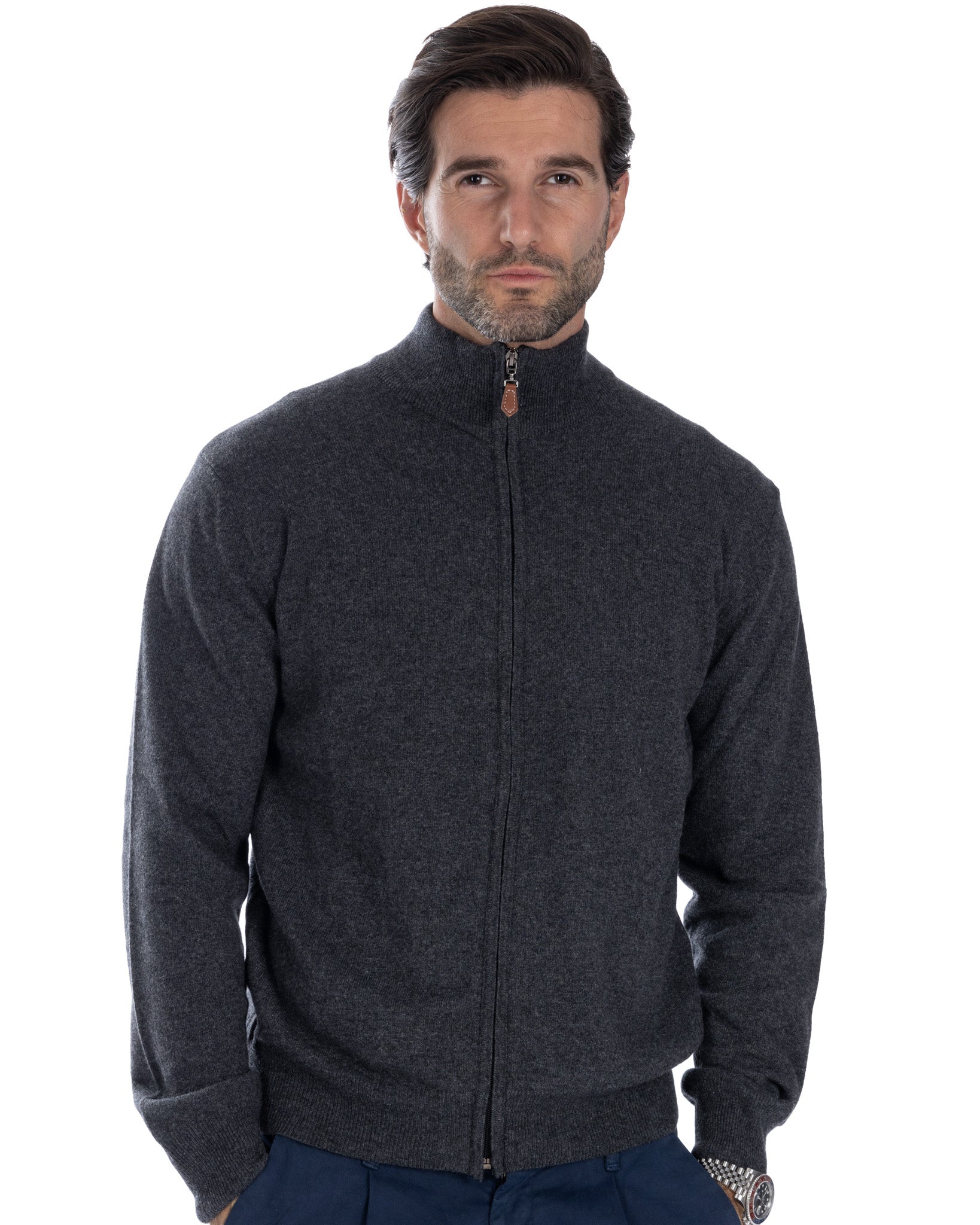 Matt - anthracite full zip sweater in cashmere blend