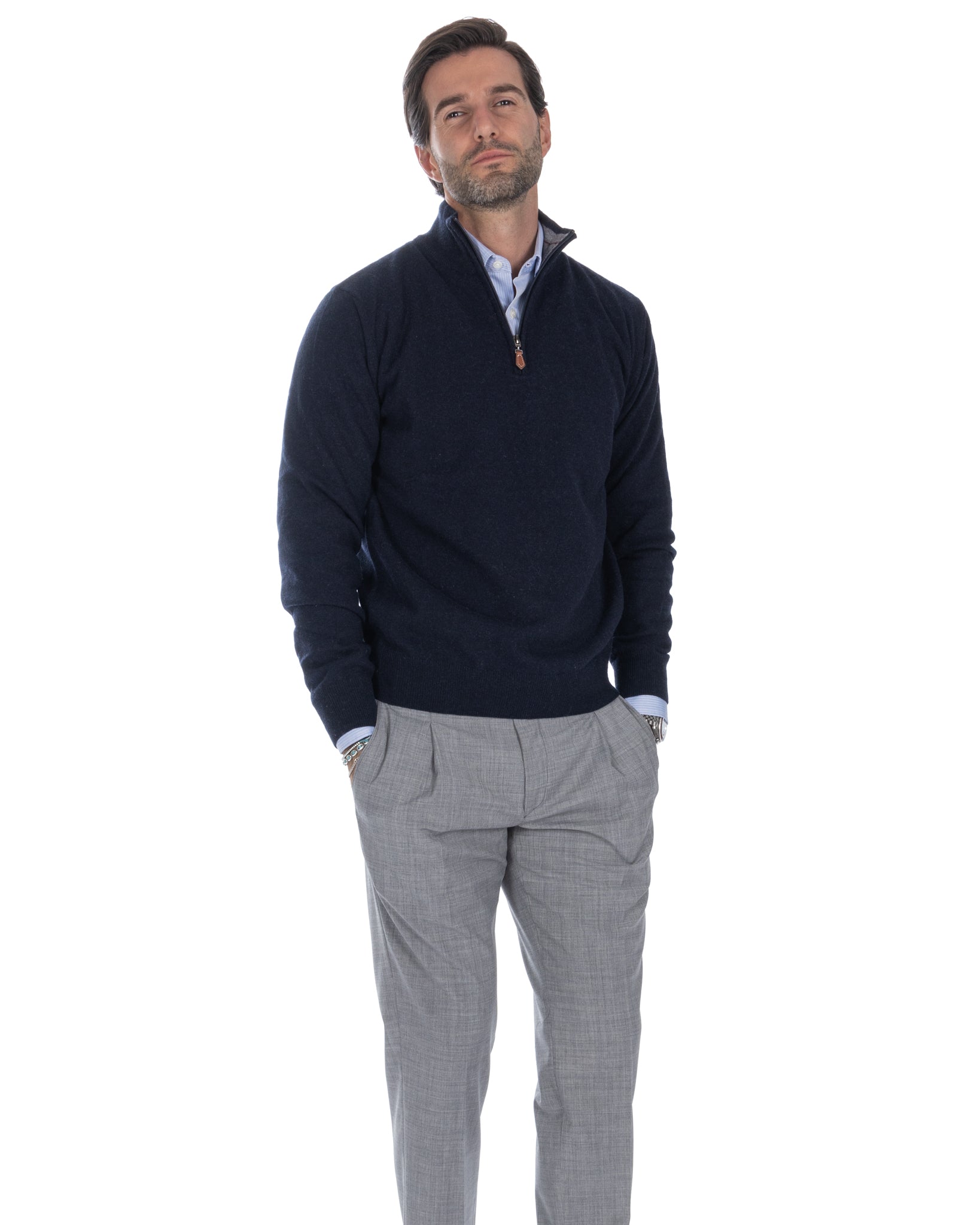 Rory - maglione blu con zip in misto cachemire