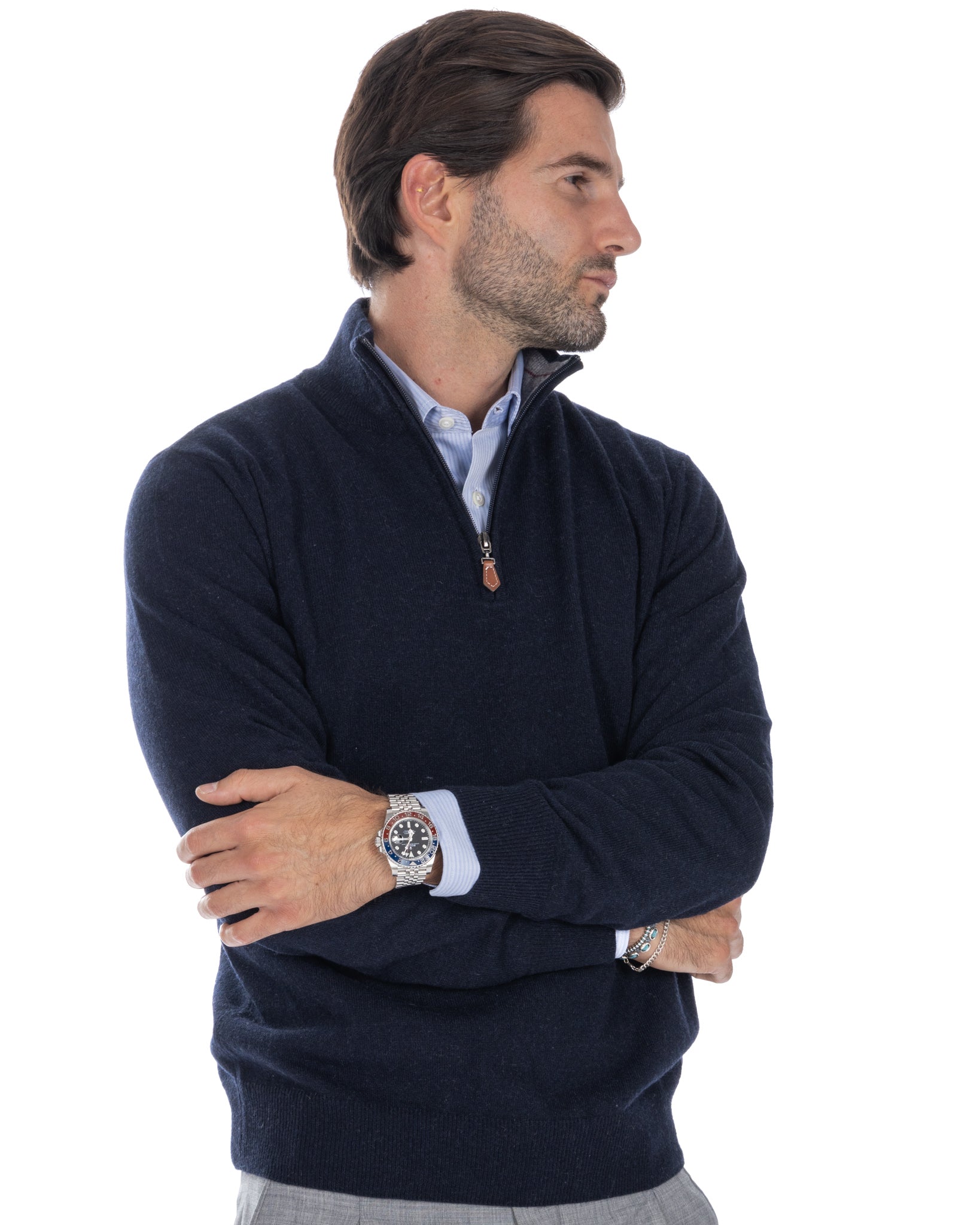 Rory - maglione blu con zip in misto cachemire