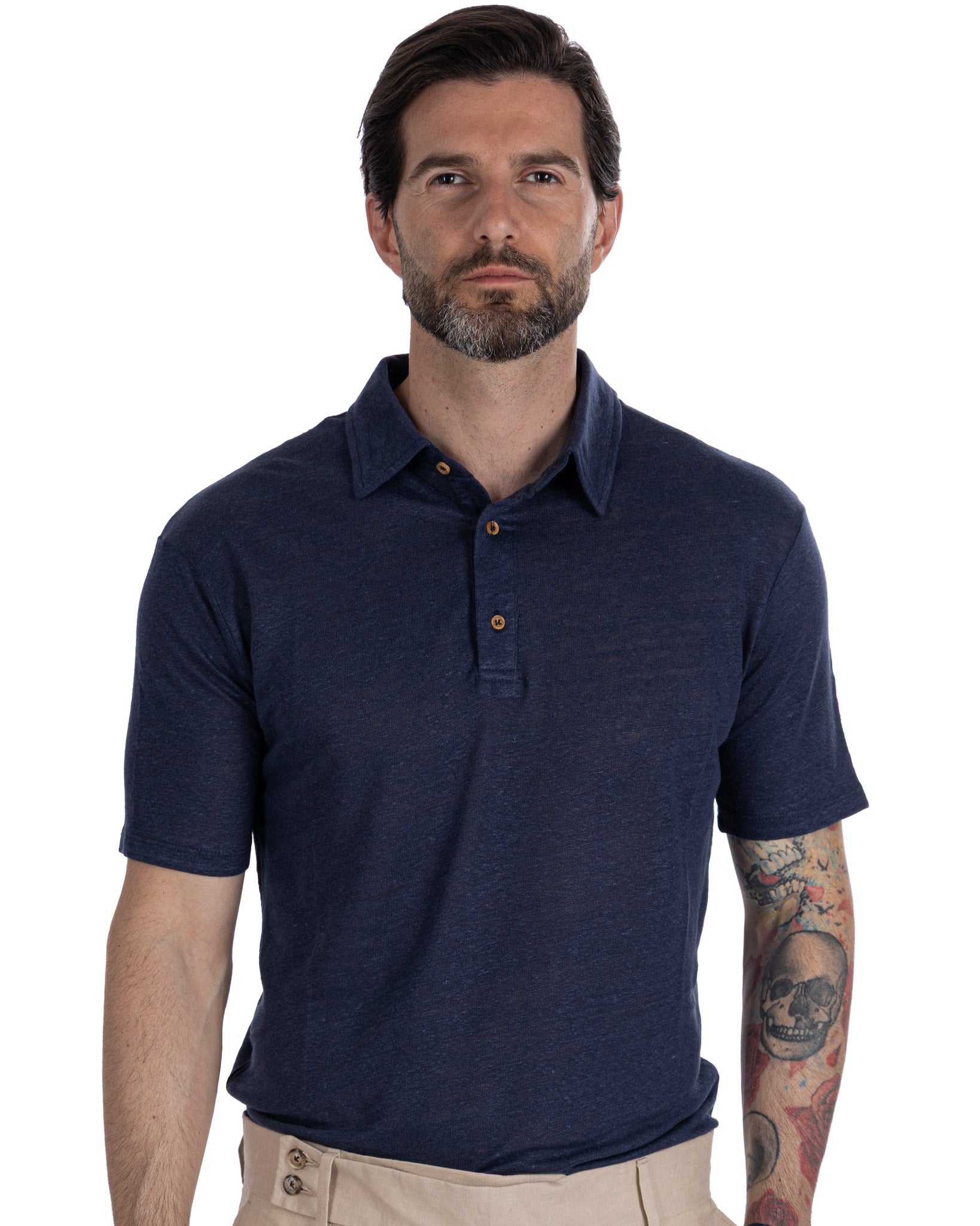 Marcos - polo tricoté en lin bleu